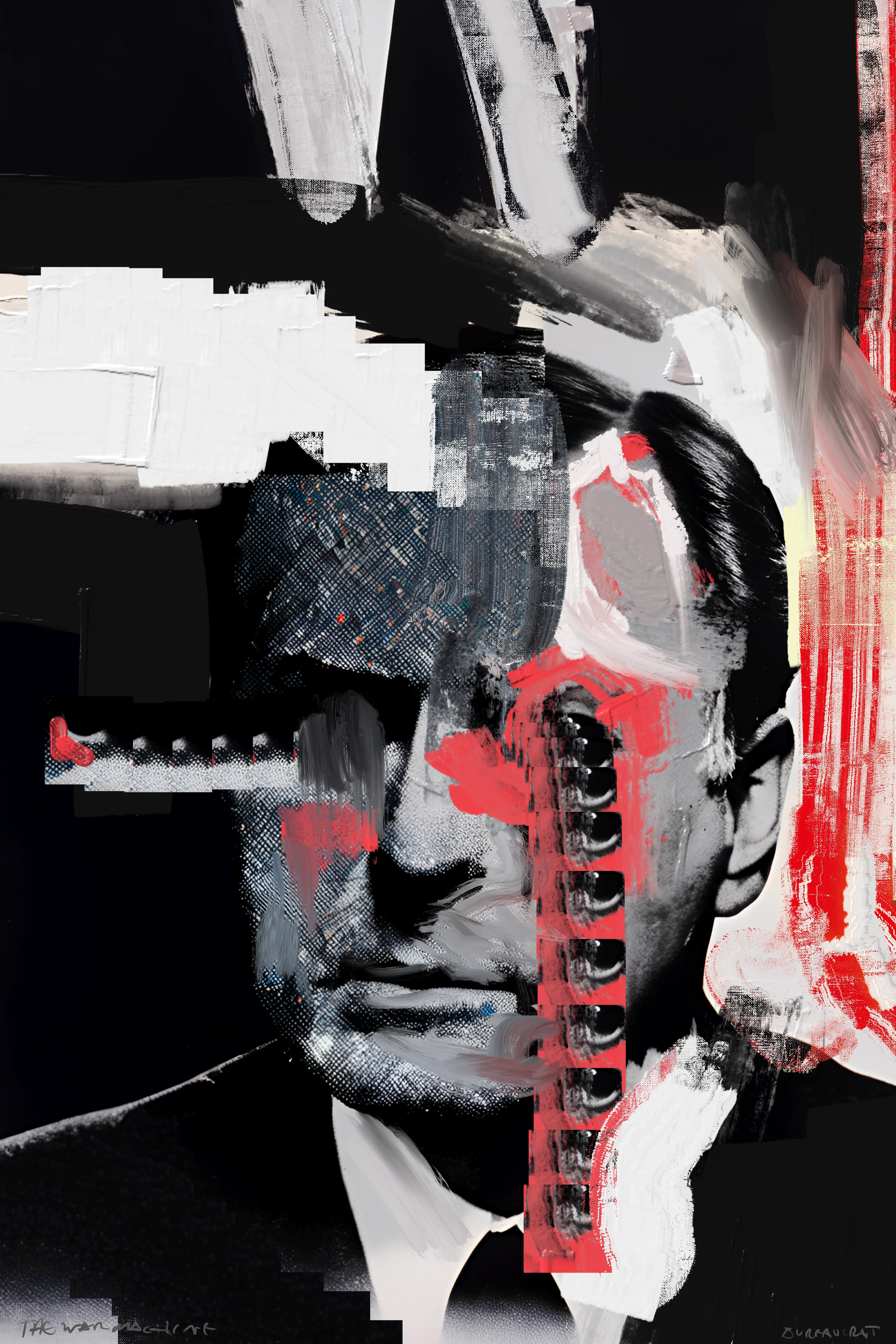 Harman’s painting project, The War Machine, is a visceral exploration of political and social unrest, rendered through rough, gestural mark-making intertwined with bold, graphic images of bureaucratic figures and ominous elements. Growing up in the 1980s, Harman was deeply influenced by the stark lines and boldness of brutalist architecture, which he juxtaposes with the ever-present specter of World War III—a theme that has loomed large in his psyche since childhood. This tension between structural boldness and existential dread pervades his work, creating pieces that are both visually arresting and thematically profound.

Harman’s technique is reminiscent of the DIY ethos of zine culture, with its raw, unpolished aesthetic achieved through methods like photocopying and basic, cost-effective reproduction. Despite his classical training, Harman continually returns to the anarchic spirit of electronic and punk music, which infuses his art with a rebellious energy and a sense of urgency. This connection to subcultural movements is evident in the poster-like quality of his work, where expressive painting and dynamic mark-making create a visual cacophony that reflects the chaotic state of global politics.

In these paintings, the fragmented and obscured faces of bureaucrats and nefarious figures evoke the facelessness of political power and the dehumanizing effects of war. The vivid, almost violent strokes of color and form mirror the contemporary tensions between East and West, capturing a world on the brink of conflict. Harman’s work not only serves as a poignant commentary on the current geopolitical climate but also as a reminder of the persistent threats that have shaped our collective consciousness for decades.

The War Machine is a powerful testament to Harman’s ability to blend classical techniques with modern influences, creating a body of work that is both historically informed and strikingly relevant. His paintings are a call to confront the realities of our time, urging viewers to reflect on the fragile balance between order and chaos, peace and war.