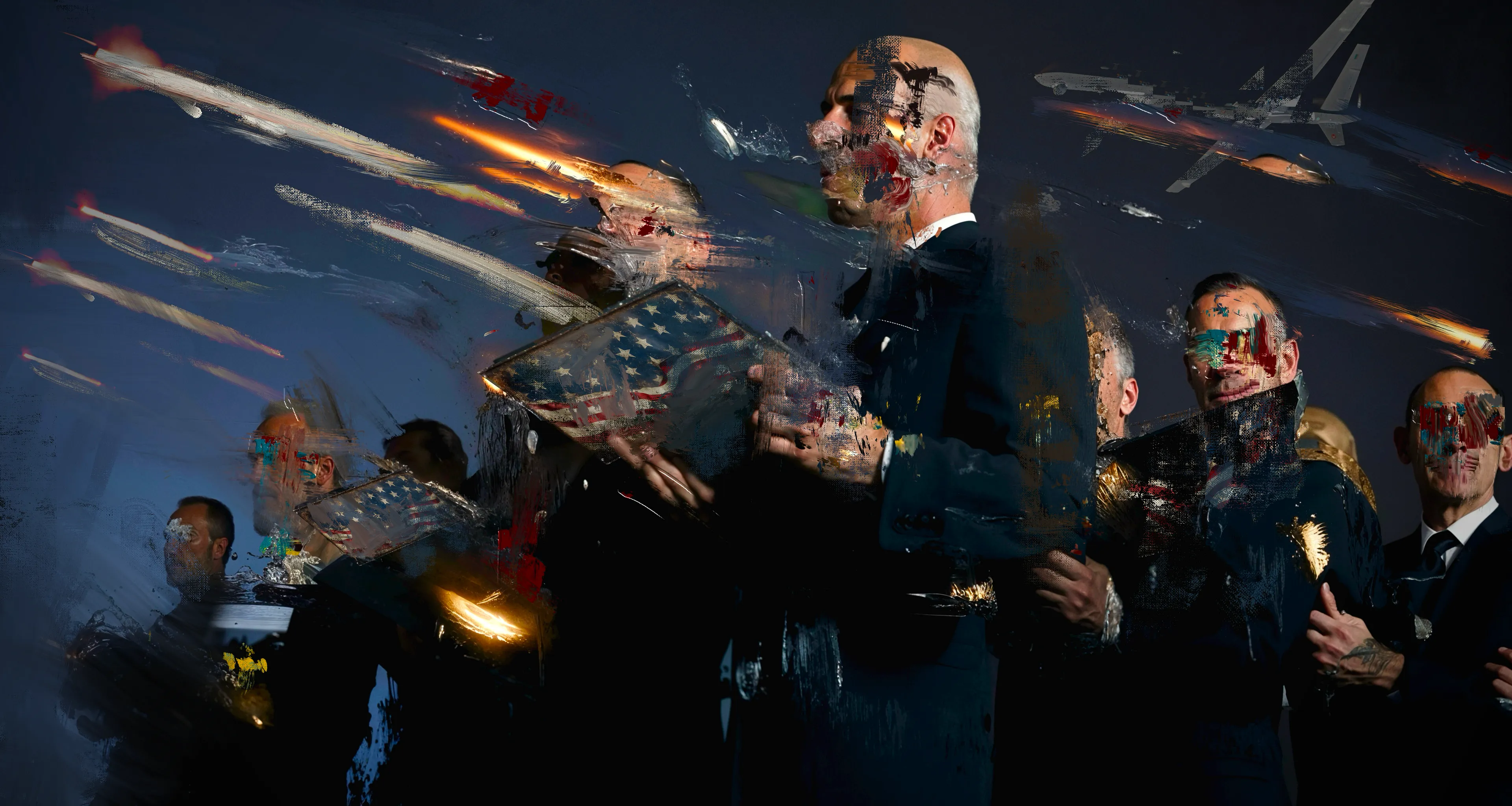 "Neocon Dreams," from the War Machine series, is a piercing commentary on the marriage of patriotism and technology within the modern military-industrial complex. The figures, clad in dark formal attire, hold laptops emblazoned with the American flag—a potent symbol of nationalism repurposed as a tool of the digital age. These flag-adorned devices are gripped with a strange reverence, as if they are sacred relics rather than instruments of control and surveillance. Their faces, partially smeared and distorted, capture an unsettling loss of identity, a consequence of serving an abstract, mechanized power rather than any tangible ideals.

The painting's night sky is streaked with the fiery trails of missiles or meteors, suggesting both cosmic insignificance and the omnipresent threat of conflict. The abstraction here merges technology and tradition, questioning the cost of progress when it’s driven by the relentless churn of the war machine. Through chaotic brushstrokes and a juxtaposition of patriotic symbols and faceless figures, the artist asks: what becomes of humanity when its dreams are coded into the cold circuits of a laptop, when flags are reduced to mere icons of a digital interface? Neocon Dreams provokes a chilling existential unease, as it imagines a world where the battlefront has shifted into virtual and ideological realms, leaving only echoes of human purpose in its wake.