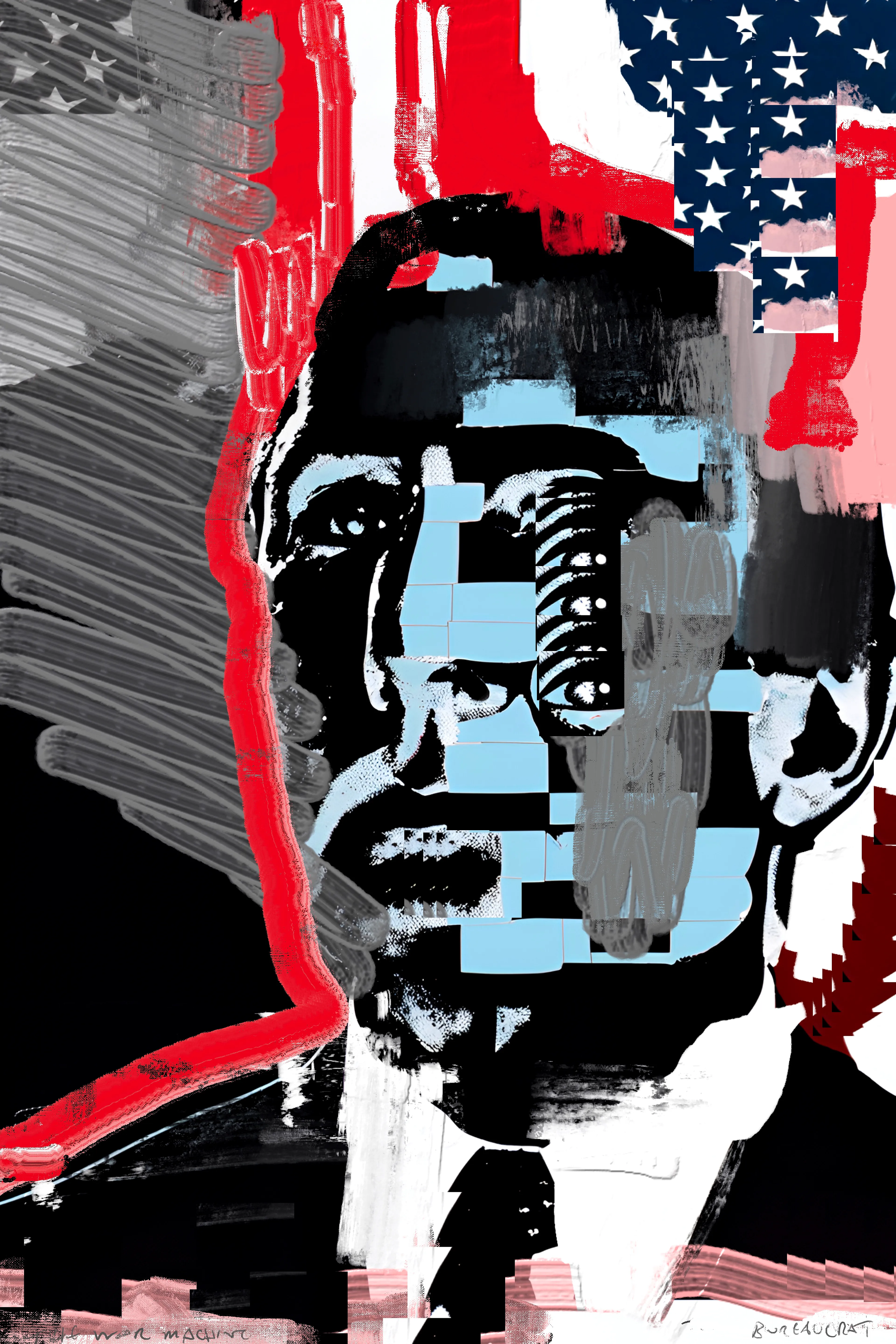 Harman’s painting project, The War Machine, is a visceral exploration of political and social unrest, rendered through rough, gestural mark-making intertwined with bold, graphic images of bureaucratic figures and ominous elements. Growing up in the 1980s, Harman was deeply influenced by the stark lines and boldness of brutalist architecture, which he juxtaposes with the ever-present specter of World War III—a theme that has loomed large in his psyche since childhood. This tension between structural boldness and existential dread pervades his work, creating pieces that are both visually arresting and thematically profound.

Harman’s technique is reminiscent of the DIY ethos of zine culture, with its raw, unpolished aesthetic achieved through methods like photocopying and basic, cost-effective reproduction. Despite his classical training, Harman continually returns to the anarchic spirit of electronic and punk music, which infuses his art with a rebellious energy and a sense of urgency. This connection to subcultural movements is evident in the poster-like quality of his work, where expressive painting and dynamic mark-making create a visual cacophony that reflects the chaotic state of global politics.

In these paintings, the fragmented and obscured faces of bureaucrats and nefarious figures evoke the facelessness of political power and the dehumanizing effects of war. The vivid, almost violent strokes of color and form mirror the contemporary tensions between East and West, capturing a world on the brink of conflict. Harman’s work not only serves as a poignant commentary on the current geopolitical climate but also as a reminder of the persistent threats that have shaped our collective consciousness for decades.

The War Machine is a powerful testament to Harman’s ability to blend classical techniques with modern influences, creating a body of work that is both historically informed and strikingly relevant. His paintings are a call to confront the realities of our time, urging viewers to reflect on the fragile balance between order and chaos, peace and war.