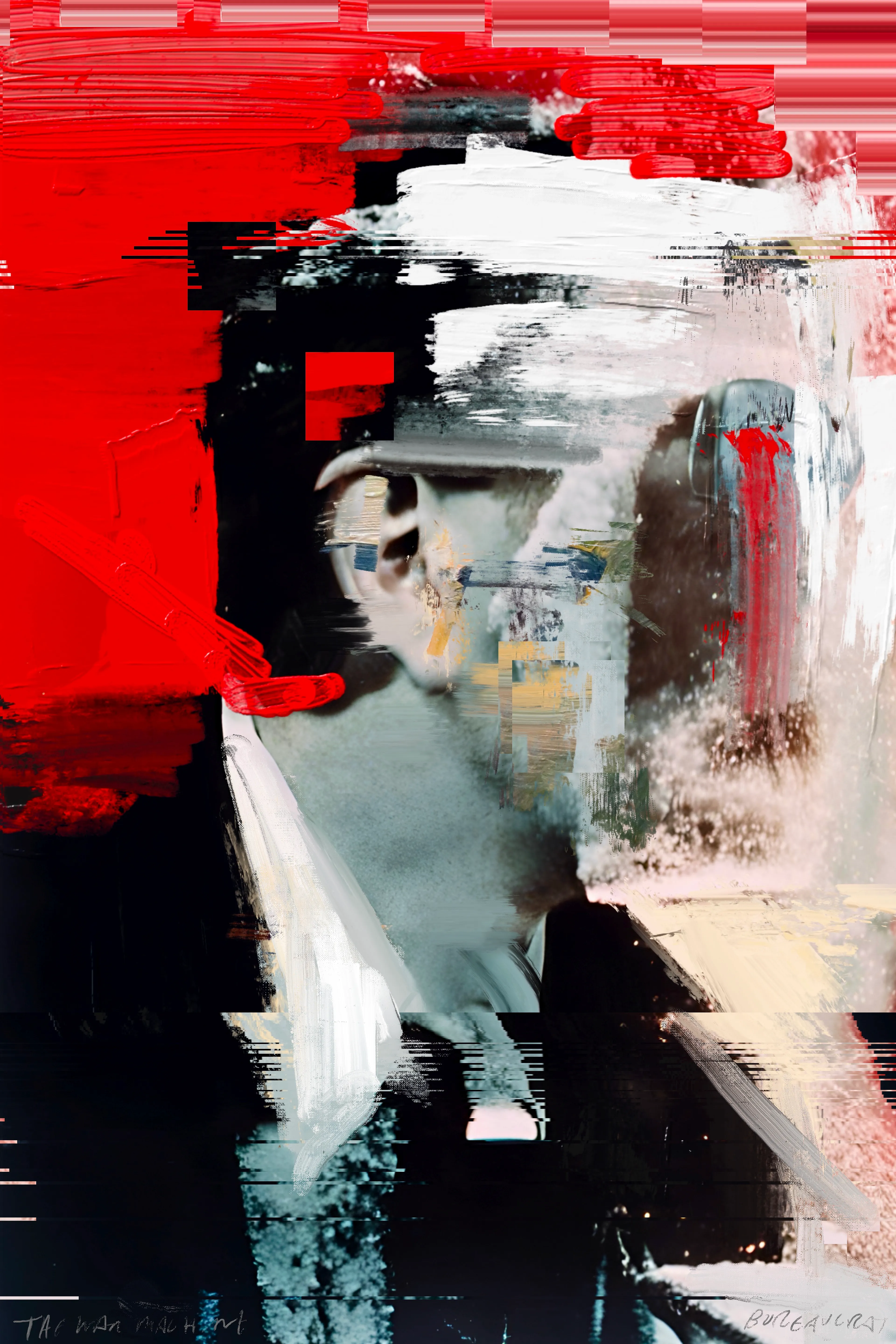Harman’s painting project, The War Machine, is a visceral exploration of political and social unrest, rendered through rough, gestural mark-making intertwined with bold, graphic images of bureaucratic figures and ominous elements. Growing up in the 1980s, Harman was deeply influenced by the stark lines and boldness of brutalist architecture, which he juxtaposes with the ever-present specter of World War III—a theme that has loomed large in his psyche since childhood. This tension between structural boldness and existential dread pervades his work, creating pieces that are both visually arresting and thematically profound.

Harman’s technique is reminiscent of the DIY ethos of zine culture, with its raw, unpolished aesthetic achieved through methods like photocopying and basic, cost-effective reproduction. Despite his classical training, Harman continually returns to the anarchic spirit of electronic and punk music, which infuses his art with a rebellious energy and a sense of urgency. This connection to subcultural movements is evident in the poster-like quality of his work, where expressive painting and dynamic mark-making create a visual cacophony that reflects the chaotic state of global politics.

In these paintings, the fragmented and obscured faces of bureaucrats and nefarious figures evoke the facelessness of political power and the dehumanizing effects of war. The vivid, almost violent strokes of color and form mirror the contemporary tensions between East and West, capturing a world on the brink of conflict. Harman’s work not only serves as a poignant commentary on the current geopolitical climate but also as a reminder of the persistent threats that have shaped our collective consciousness for decades.

The War Machine is a powerful testament to Harman’s ability to blend classical techniques with modern influences, creating a body of work that is both historically informed and strikingly relevant. His paintings are a call to confront the realities of our time, urging viewers to reflect on the fragile balance between order and chaos, peace and war.