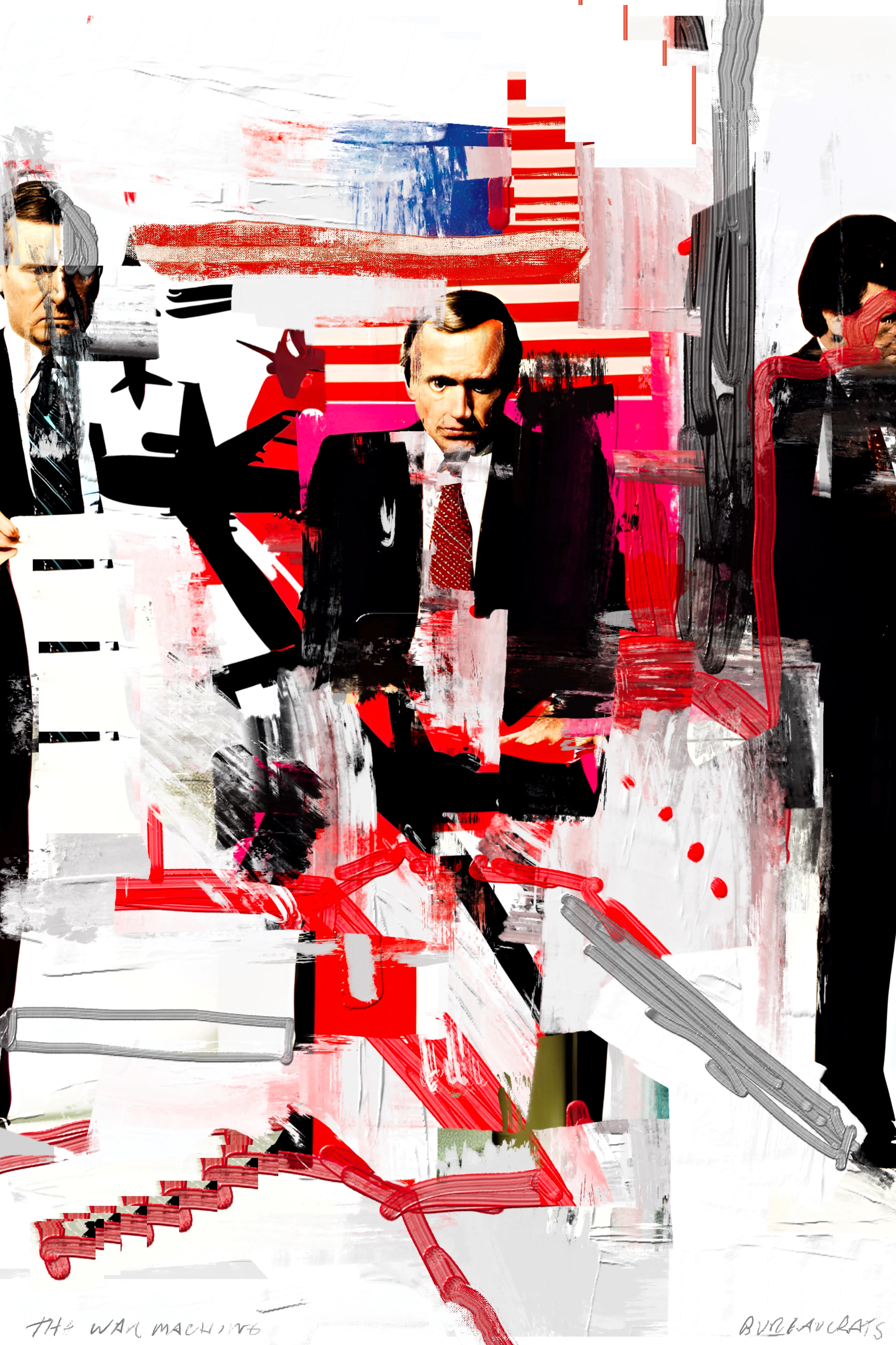 Harman’s painting project, The War Machine, is a visceral exploration of political and social unrest, rendered through rough, gestural mark-making intertwined with bold, graphic images of bureaucratic figures and ominous elements. Growing up in the 1980s, Harman was deeply influenced by the stark lines and boldness of brutalist architecture, which he juxtaposes with the ever-present specter of World War III—a theme that has loomed large in his psyche since childhood. This tension between structural boldness and existential dread pervades his work, creating pieces that are both visually arresting and thematically profound.

Harman’s technique is reminiscent of the DIY ethos of zine culture, with its raw, unpolished aesthetic achieved through methods like photocopying and basic, cost-effective reproduction. Despite his classical training, Harman continually returns to the anarchic spirit of electronic and punk music, which infuses his art with a rebellious energy and a sense of urgency. This connection to subcultural movements is evident in the poster-like quality of his work, where expressive painting and dynamic mark-making create a visual cacophony that reflects the chaotic state of global politics.

In these paintings, the fragmented and obscured faces of bureaucrats and nefarious figures evoke the facelessness of political power and the dehumanizing effects of war. The vivid, almost violent strokes of color and form mirror the contemporary tensions between East and West, capturing a world on the brink of conflict. Harman’s work not only serves as a poignant commentary on the current geopolitical climate but also as a reminder of the persistent threats that have shaped our collective consciousness for decades.

The War Machine is a powerful testament to Harman’s ability to blend classical techniques with modern influences, creating a body of work that is both historically informed and strikingly relevant. His paintings are a call to confront the realities of our time, urging viewers to reflect on the fragile balance between order and chaos, peace and war.