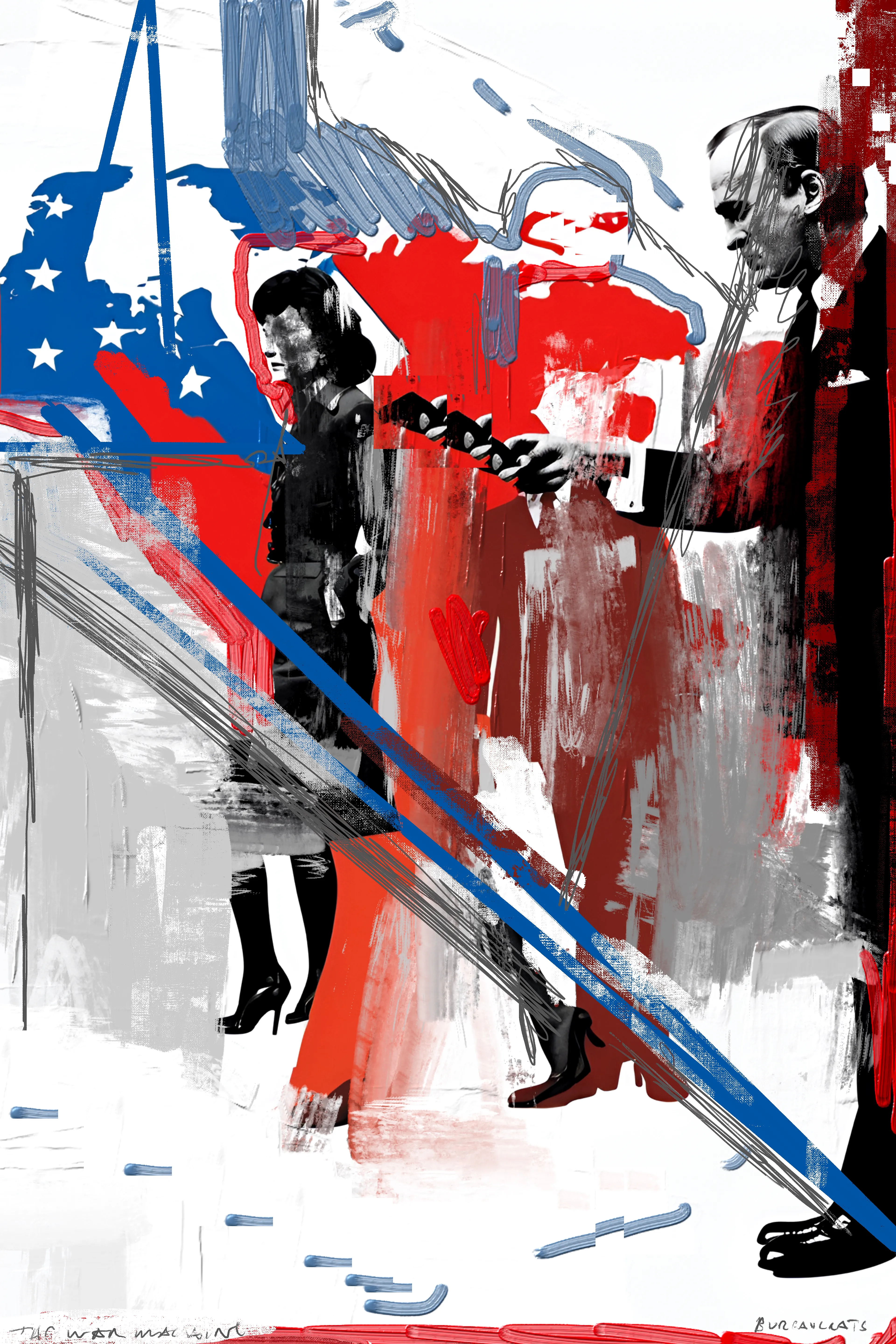 Harman’s painting project, The War Machine, is a visceral exploration of political and social unrest, rendered through rough, gestural mark-making intertwined with bold, graphic images of bureaucratic figures and ominous elements. Growing up in the 1980s, Harman was deeply influenced by the stark lines and boldness of brutalist architecture, which he juxtaposes with the ever-present specter of World War III—a theme that has loomed large in his psyche since childhood. This tension between structural boldness and existential dread pervades his work, creating pieces that are both visually arresting and thematically profound.

Harman’s technique is reminiscent of the DIY ethos of zine culture, with its raw, unpolished aesthetic achieved through methods like photocopying and basic, cost-effective reproduction. Despite his classical training, Harman continually returns to the anarchic spirit of electronic and punk music, which infuses his art with a rebellious energy and a sense of urgency. This connection to subcultural movements is evident in the poster-like quality of his work, where expressive painting and dynamic mark-making create a visual cacophony that reflects the chaotic state of global politics.

In these paintings, the fragmented and obscured faces of bureaucrats and nefarious figures evoke the facelessness of political power and the dehumanizing effects of war. The vivid, almost violent strokes of color and form mirror the contemporary tensions between East and West, capturing a world on the brink of conflict. Harman’s work not only serves as a poignant commentary on the current geopolitical climate but also as a reminder of the persistent threats that have shaped our collective consciousness for decades.

The War Machine is a powerful testament to Harman’s ability to blend classical techniques with modern influences, creating a body of work that is both historically informed and strikingly relevant. His paintings are a call to confront the realities of our time, urging viewers to reflect on the fragile balance between order and chaos, peace and war.