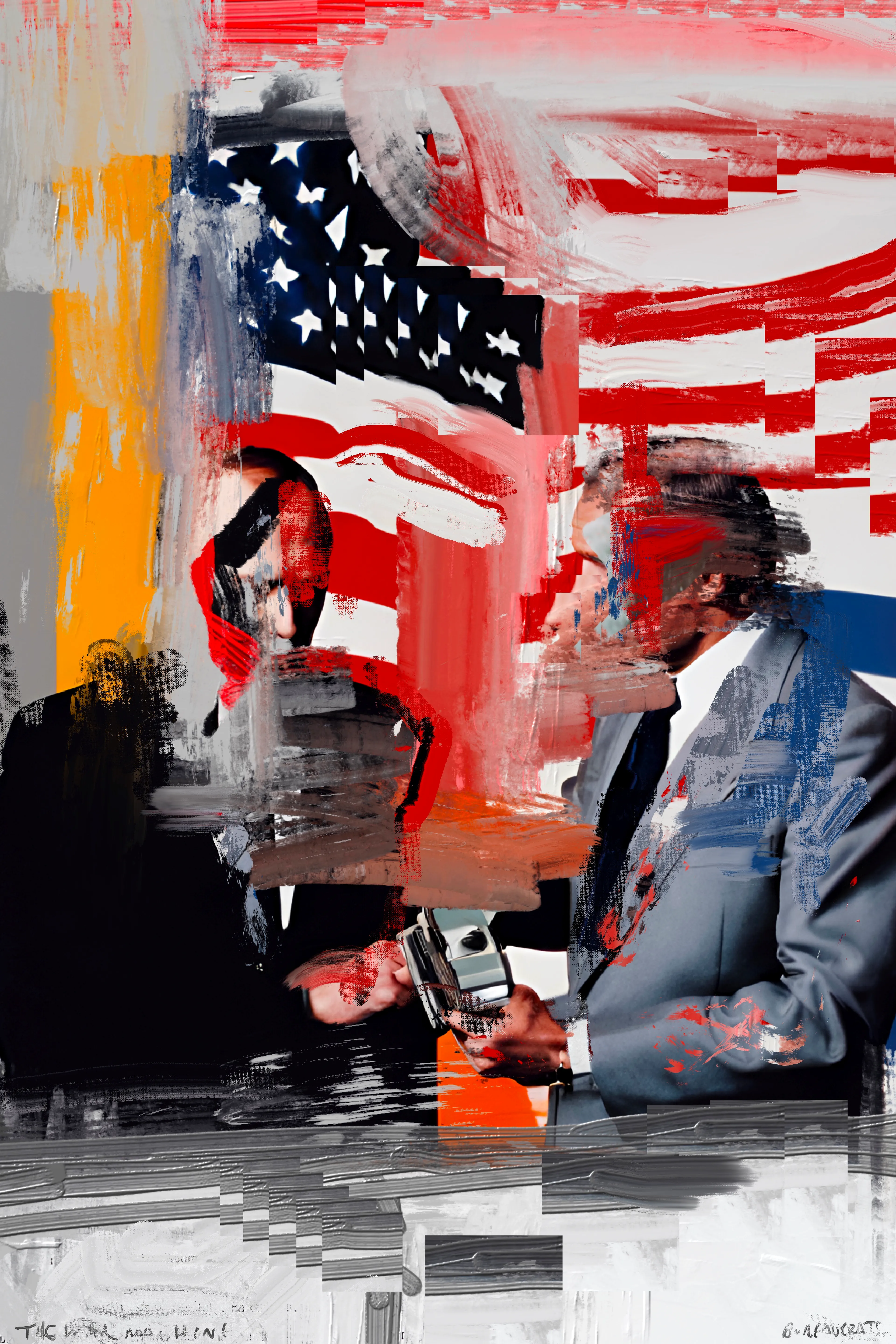 Harman’s painting project, The War Machine, is a visceral exploration of political and social unrest, rendered through rough, gestural mark-making intertwined with bold, graphic images of bureaucratic figures and ominous elements. Growing up in the 1980s, Harman was deeply influenced by the stark lines and boldness of brutalist architecture, which he juxtaposes with the ever-present specter of World War III—a theme that has loomed large in his psyche since childhood. This tension between structural boldness and existential dread pervades his work, creating pieces that are both visually arresting and thematically profound.

Harman’s technique is reminiscent of the DIY ethos of zine culture, with its raw, unpolished aesthetic achieved through methods like photocopying and basic, cost-effective reproduction. Despite his classical training, Harman continually returns to the anarchic spirit of electronic and punk music, which infuses his art with a rebellious energy and a sense of urgency. This connection to subcultural movements is evident in the poster-like quality of his work, where expressive painting and dynamic mark-making create a visual cacophony that reflects the chaotic state of global politics.

In these paintings, the fragmented and obscured faces of bureaucrats and nefarious figures evoke the facelessness of political power and the dehumanizing effects of war. The vivid, almost violent strokes of color and form mirror the contemporary tensions between East and West, capturing a world on the brink of conflict. Harman’s work not only serves as a poignant commentary on the current geopolitical climate but also as a reminder of the persistent threats that have shaped our collective consciousness for decades.

The War Machine is a powerful testament to Harman’s ability to blend classical techniques with modern influences, creating a body of work that is both historically informed and strikingly relevant. His paintings are a call to confront the realities of our time, urging viewers to reflect on the fragile balance between order and chaos, peace and war.