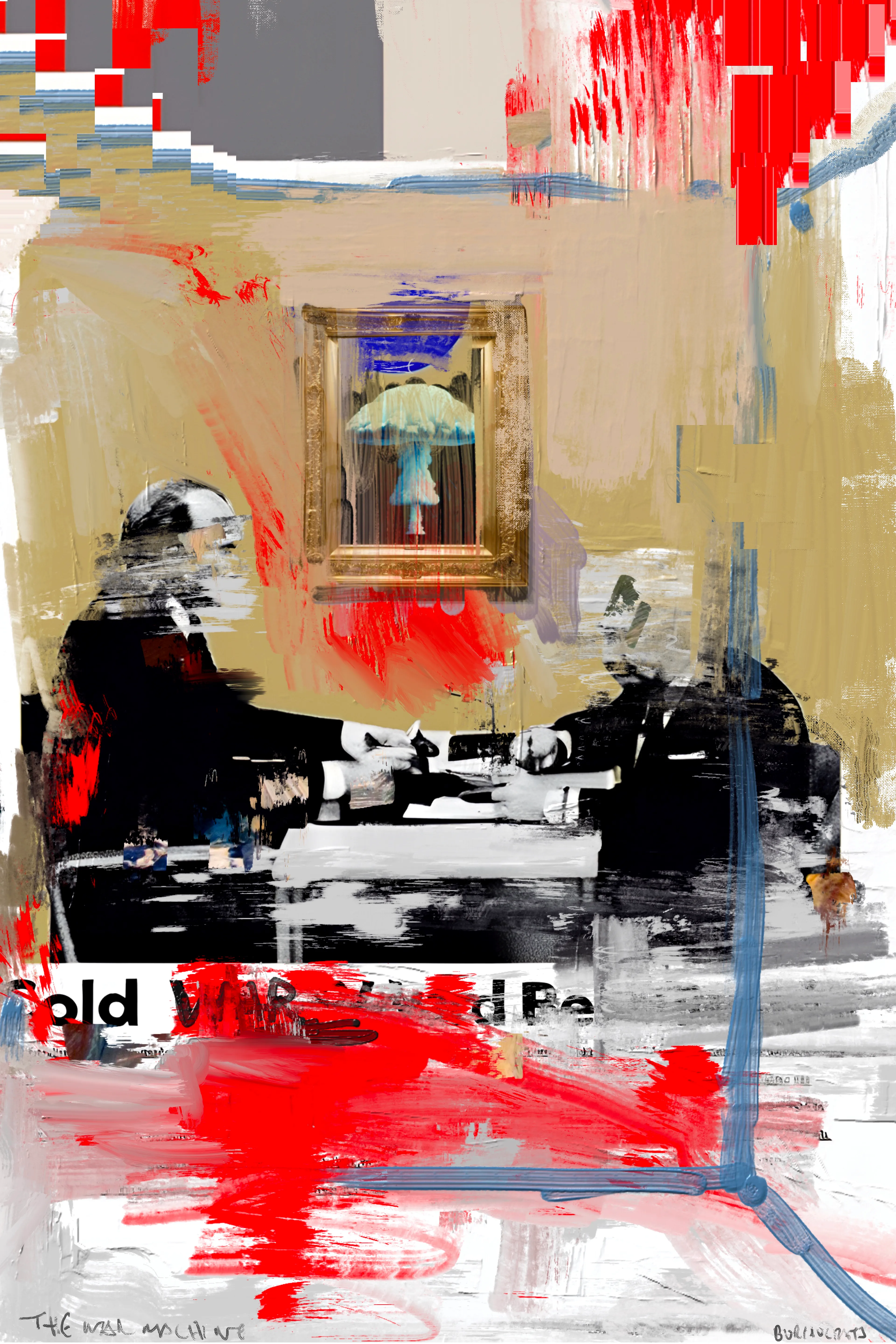 Harman’s painting project, The War Machine, is a visceral exploration of political and social unrest, rendered through rough, gestural mark-making intertwined with bold, graphic images of bureaucratic figures and ominous elements. Growing up in the 1980s, Harman was deeply influenced by the stark lines and boldness of brutalist architecture, which he juxtaposes with the ever-present specter of World War III—a theme that has loomed large in his psyche since childhood. This tension between structural boldness and existential dread pervades his work, creating pieces that are both visually arresting and thematically profound.

Harman’s technique is reminiscent of the DIY ethos of zine culture, with its raw, unpolished aesthetic achieved through methods like photocopying and basic, cost-effective reproduction. Despite his classical training, Harman continually returns to the anarchic spirit of electronic and punk music, which infuses his art with a rebellious energy and a sense of urgency. This connection to subcultural movements is evident in the poster-like quality of his work, where expressive painting and dynamic mark-making create a visual cacophony that reflects the chaotic state of global politics.

In these paintings, the fragmented and obscured faces of bureaucrats and nefarious figures evoke the facelessness of political power and the dehumanizing effects of war. The vivid, almost violent strokes of color and form mirror the contemporary tensions between East and West, capturing a world on the brink of conflict. Harman’s work not only serves as a poignant commentary on the current geopolitical climate but also as a reminder of the persistent threats that have shaped our collective consciousness for decades.

The War Machine is a powerful testament to Harman’s ability to blend classical techniques with modern influences, creating a body of work that is both historically informed and strikingly relevant. His paintings are a call to confront the realities of our time, urging viewers to reflect on the fragile balance between order and chaos, peace and war.