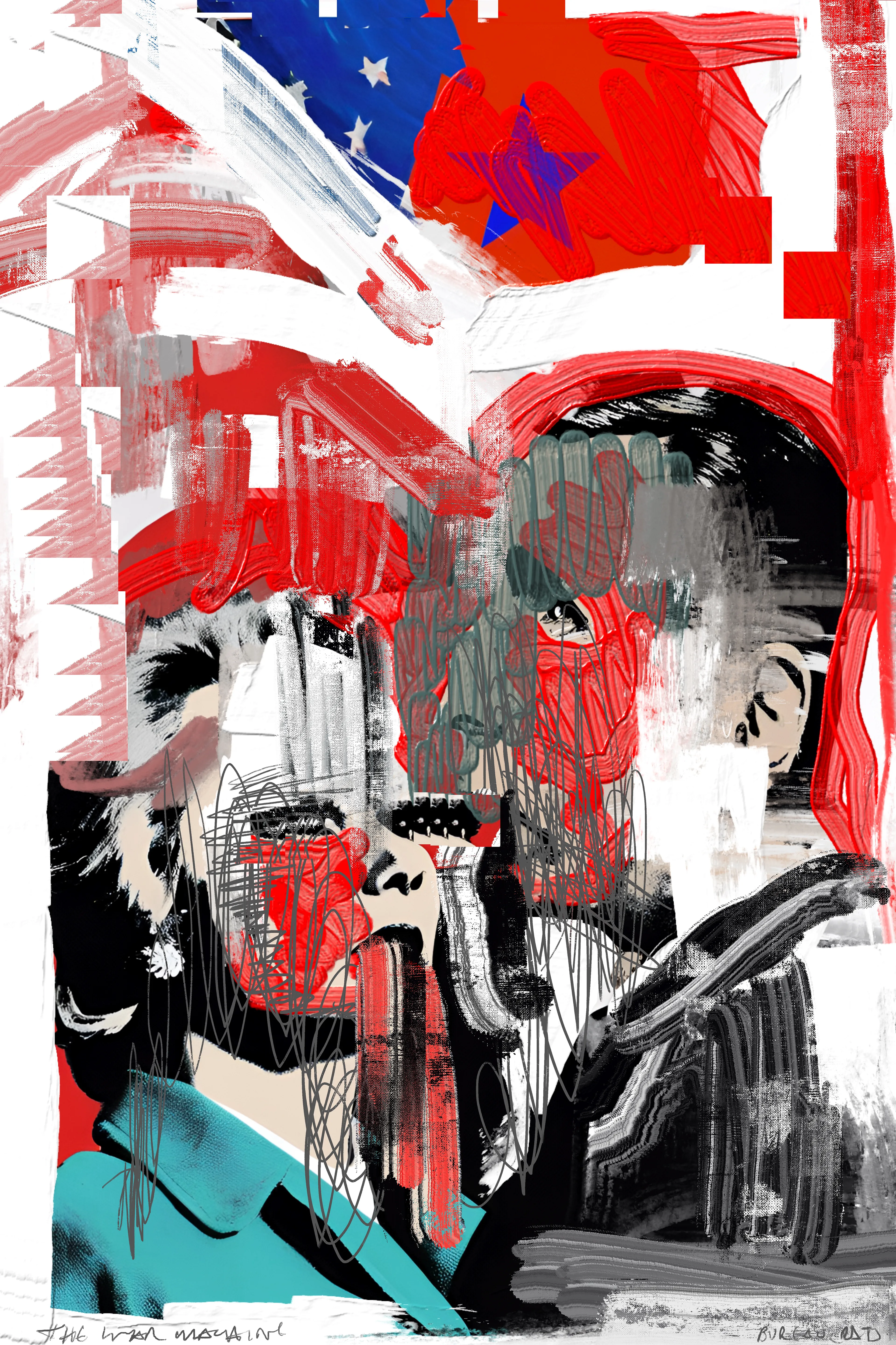 Harman’s painting project, The War Machine, is a visceral exploration of political and social unrest, rendered through rough, gestural mark-making intertwined with bold, graphic images of bureaucratic figures and ominous elements. Growing up in the 1980s, Harman was deeply influenced by the stark lines and boldness of brutalist architecture, which he juxtaposes with the ever-present specter of World War III—a theme that has loomed large in his psyche since childhood. This tension between structural boldness and existential dread pervades his work, creating pieces that are both visually arresting and thematically profound.

Harman’s technique is reminiscent of the DIY ethos of zine culture, with its raw, unpolished aesthetic achieved through methods like photocopying and basic, cost-effective reproduction. Despite his classical training, Harman continually returns to the anarchic spirit of electronic and punk music, which infuses his art with a rebellious energy and a sense of urgency. This connection to subcultural movements is evident in the poster-like quality of his work, where expressive painting and dynamic mark-making create a visual cacophony that reflects the chaotic state of global politics.

In these paintings, the fragmented and obscured faces of bureaucrats and nefarious figures evoke the facelessness of political power and the dehumanizing effects of war. The vivid, almost violent strokes of color and form mirror the contemporary tensions between East and West, capturing a world on the brink of conflict. Harman’s work not only serves as a poignant commentary on the current geopolitical climate but also as a reminder of the persistent threats that have shaped our collective consciousness for decades.

The War Machine is a powerful testament to Harman’s ability to blend classical techniques with modern influences, creating a body of work that is both historically informed and strikingly relevant. His paintings are a call to confront the realities of our time, urging viewers to reflect on the fragile balance between order and chaos, peace and war.