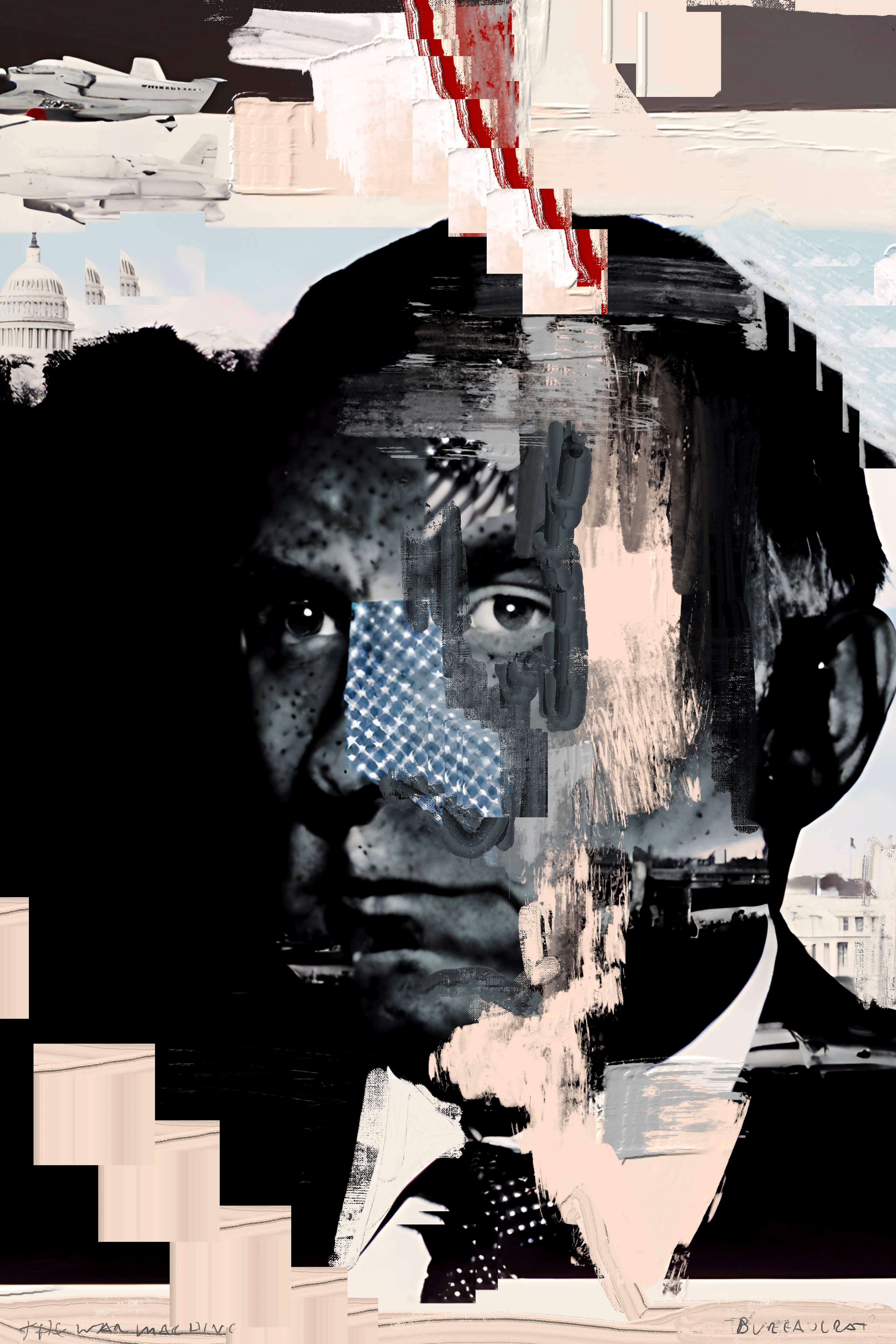 Harman’s painting project, The War Machine, is a visceral exploration of political and social unrest, rendered through rough, gestural mark-making intertwined with bold, graphic images of bureaucratic figures and ominous elements. Growing up in the 1980s, Harman was deeply influenced by the stark lines and boldness of brutalist architecture, which he juxtaposes with the ever-present specter of World War III—a theme that has loomed large in his psyche since childhood. This tension between structural boldness and existential dread pervades his work, creating pieces that are both visually arresting and thematically profound.

Harman’s technique is reminiscent of the DIY ethos of zine culture, with its raw, unpolished aesthetic achieved through methods like photocopying and basic, cost-effective reproduction. Despite his classical training, Harman continually returns to the anarchic spirit of electronic and punk music, which infuses his art with a rebellious energy and a sense of urgency. This connection to subcultural movements is evident in the poster-like quality of his work, where expressive painting and dynamic mark-making create a visual cacophony that reflects the chaotic state of global politics.

In these paintings, the fragmented and obscured faces of bureaucrats and nefarious figures evoke the facelessness of political power and the dehumanizing effects of war. The vivid, almost violent strokes of color and form mirror the contemporary tensions between East and West, capturing a world on the brink of conflict. Harman’s work not only serves as a poignant commentary on the current geopolitical climate but also as a reminder of the persistent threats that have shaped our collective consciousness for decades.

The War Machine is a powerful testament to Harman’s ability to blend classical techniques with modern influences, creating a body of work that is both historically informed and strikingly relevant. His paintings are a call to confront the realities of our time, urging viewers to reflect on the fragile balance between order and chaos, peace and war.