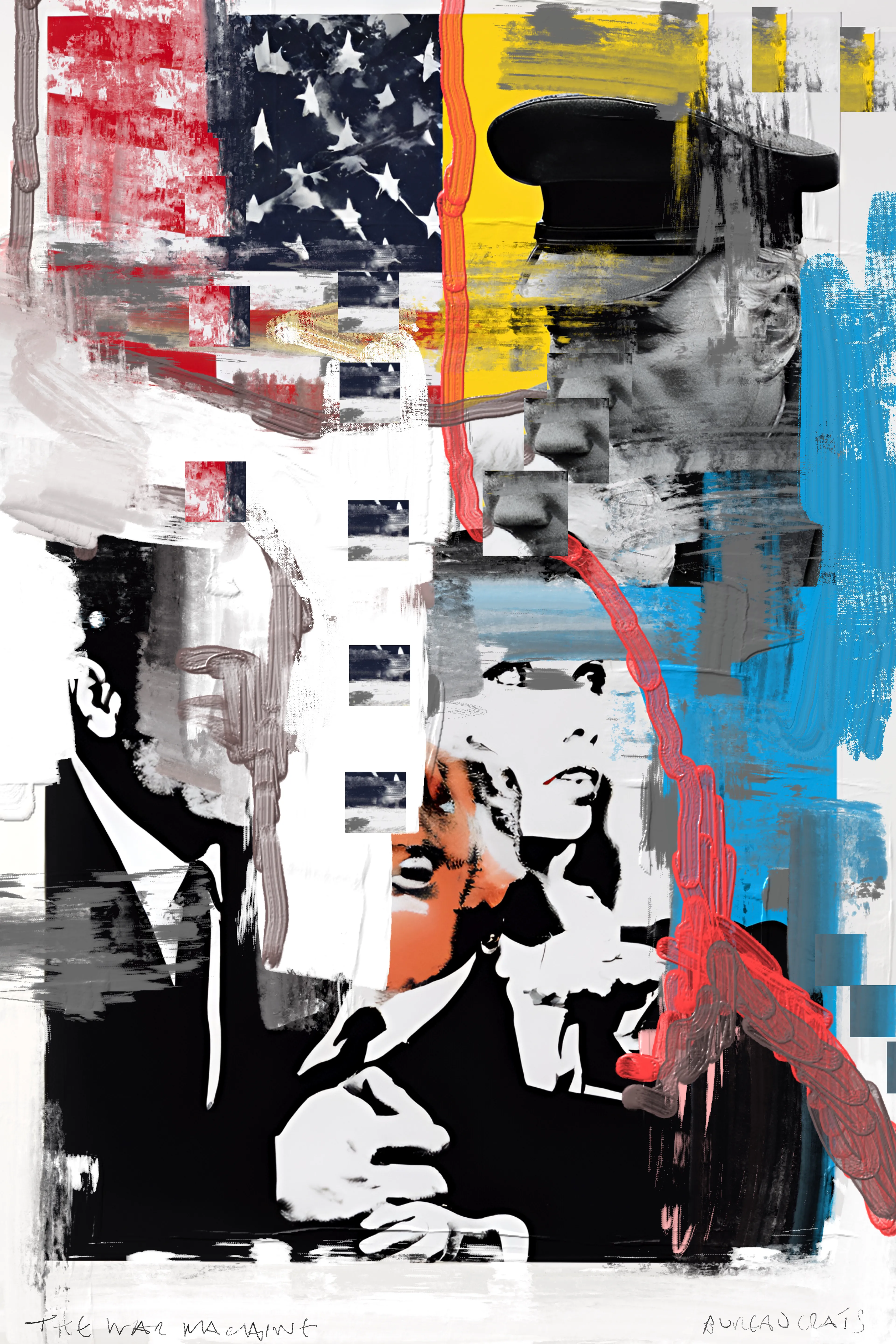Harman’s painting project, The War Machine, is a visceral exploration of political and social unrest, rendered through rough, gestural mark-making intertwined with bold, graphic images of bureaucratic figures and ominous elements. Growing up in the 1980s, Harman was deeply influenced by the stark lines and boldness of brutalist architecture, which he juxtaposes with the ever-present specter of World War III—a theme that has loomed large in his psyche since childhood. This tension between structural boldness and existential dread pervades his work, creating pieces that are both visually arresting and thematically profound.

Harman’s technique is reminiscent of the DIY ethos of zine culture, with its raw, unpolished aesthetic achieved through methods like photocopying and basic, cost-effective reproduction. Despite his classical training, Harman continually returns to the anarchic spirit of electronic and punk music, which infuses his art with a rebellious energy and a sense of urgency. This connection to subcultural movements is evident in the poster-like quality of his work, where expressive painting and dynamic mark-making create a visual cacophony that reflects the chaotic state of global politics.

In these paintings, the fragmented and obscured faces of bureaucrats and nefarious figures evoke the facelessness of political power and the dehumanizing effects of war. The vivid, almost violent strokes of color and form mirror the contemporary tensions between East and West, capturing a world on the brink of conflict. Harman’s work not only serves as a poignant commentary on the current geopolitical climate but also as a reminder of the persistent threats that have shaped our collective consciousness for decades.

The War Machine is a powerful testament to Harman’s ability to blend classical techniques with modern influences, creating a body of work that is both historically informed and strikingly relevant. His paintings are a call to confront the realities of our time, urging viewers to reflect on the fragile balance between order and chaos, peace and war.
