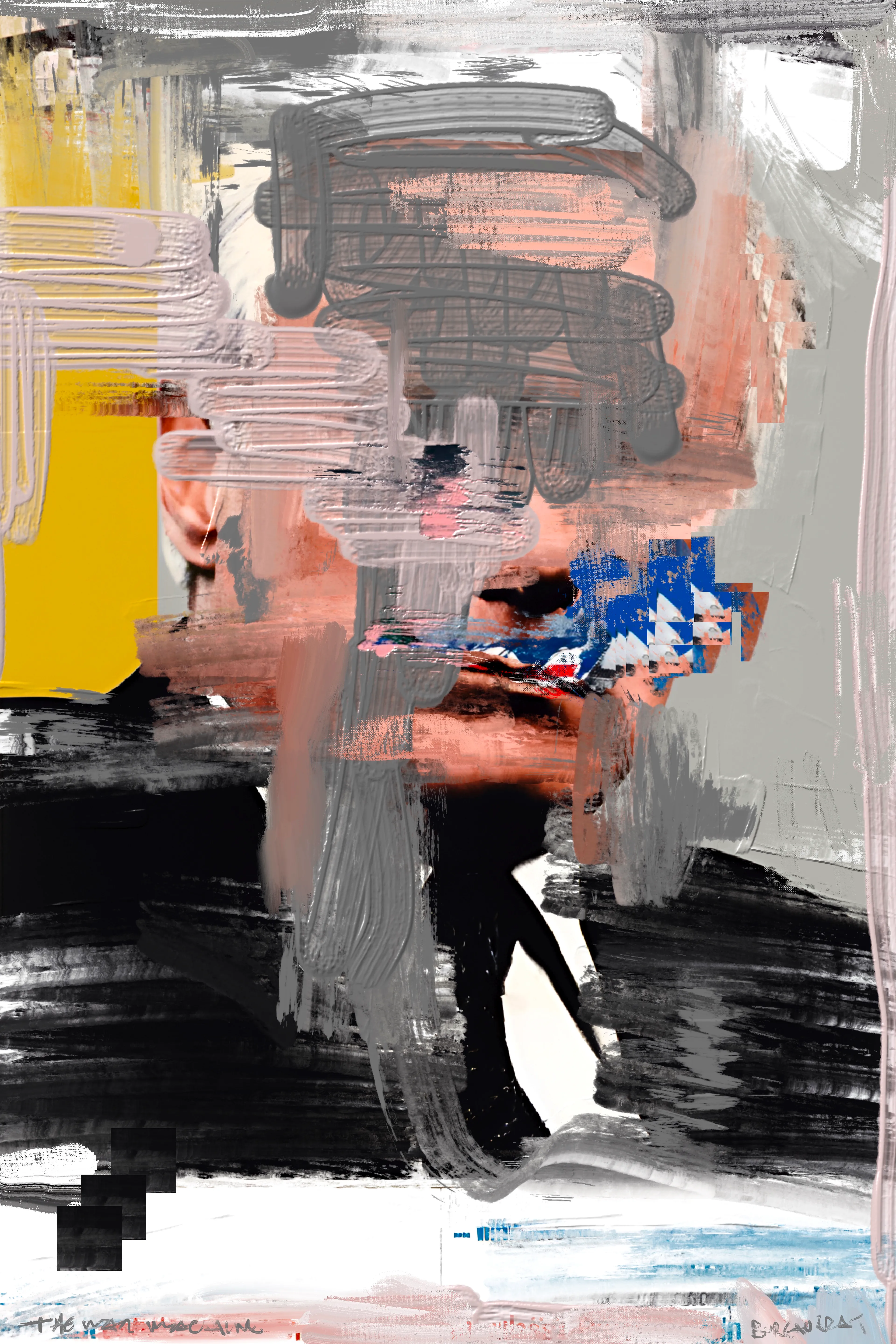 Harman’s painting project, The War Machine, is a visceral exploration of political and social unrest, rendered through rough, gestural mark-making intertwined with bold, graphic images of bureaucratic figures and ominous elements. Growing up in the 1980s, Harman was deeply influenced by the stark lines and boldness of brutalist architecture, which he juxtaposes with the ever-present specter of World War III—a theme that has loomed large in his psyche since childhood. This tension between structural boldness and existential dread pervades his work, creating pieces that are both visually arresting and thematically profound.

Harman’s technique is reminiscent of the DIY ethos of zine culture, with its raw, unpolished aesthetic achieved through methods like photocopying and basic, cost-effective reproduction. Despite his classical training, Harman continually returns to the anarchic spirit of electronic and punk music, which infuses his art with a rebellious energy and a sense of urgency. This connection to subcultural movements is evident in the poster-like quality of his work, where expressive painting and dynamic mark-making create a visual cacophony that reflects the chaotic state of global politics.

In these paintings, the fragmented and obscured faces of bureaucrats and nefarious figures evoke the facelessness of political power and the dehumanizing effects of war. The vivid, almost violent strokes of color and form mirror the contemporary tensions between East and West, capturing a world on the brink of conflict. Harman’s work not only serves as a poignant commentary on the current geopolitical climate but also as a reminder of the persistent threats that have shaped our collective consciousness for decades.

The War Machine is a powerful testament to Harman’s ability to blend classical techniques with modern influences, creating a body of work that is both historically informed and strikingly relevant. His paintings are a call to confront the realities of our time, urging viewers to reflect on the fragile balance between order and chaos, peace and war.