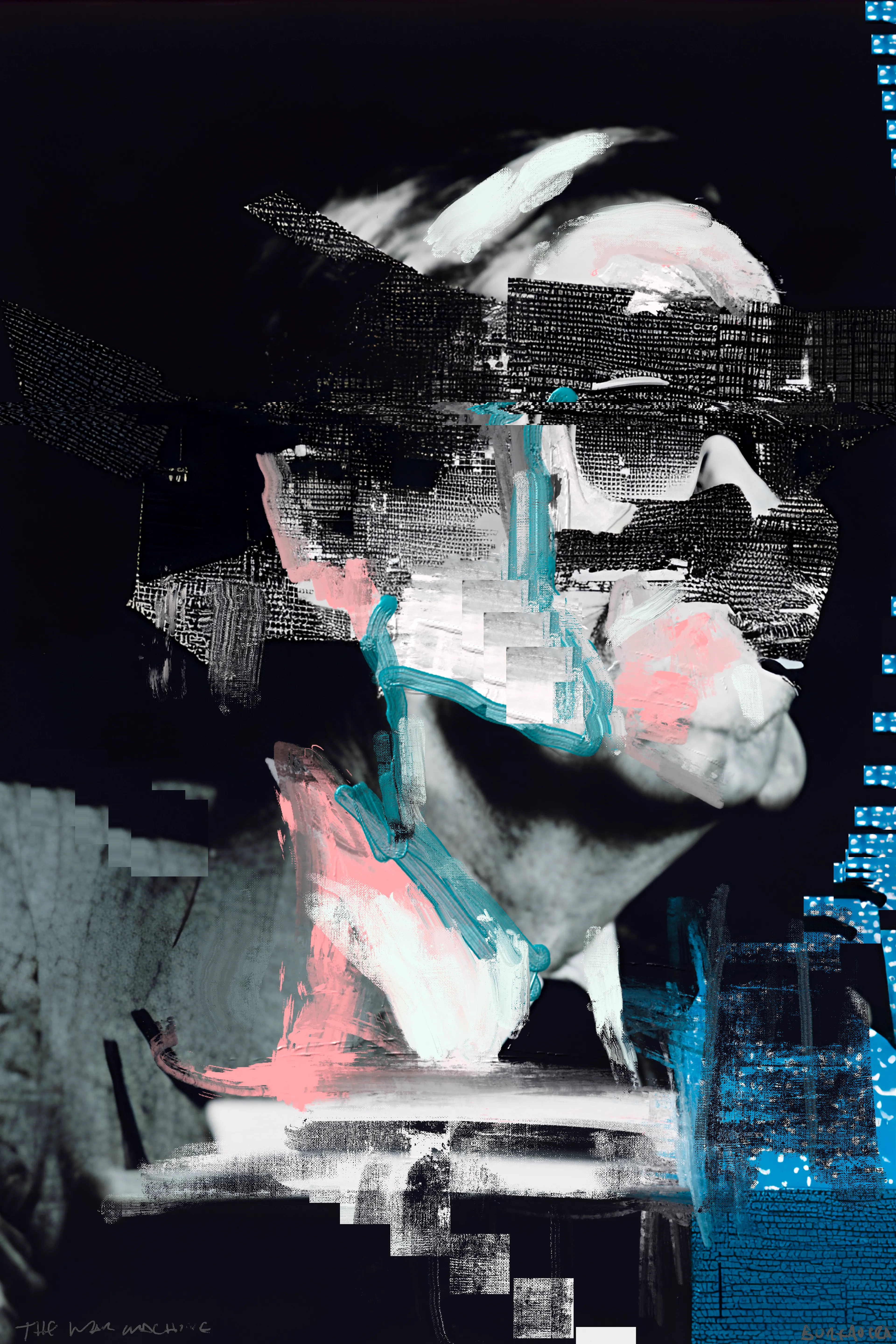 Harman’s painting project, The War Machine, is a visceral exploration of political and social unrest, rendered through rough, gestural mark-making intertwined with bold, graphic images of bureaucratic figures and ominous elements. Growing up in the 1980s, Harman was deeply influenced by the stark lines and boldness of brutalist architecture, which he juxtaposes with the ever-present specter of World War III—a theme that has loomed large in his psyche since childhood. This tension between structural boldness and existential dread pervades his work, creating pieces that are both visually arresting and thematically profound.

Harman’s technique is reminiscent of the DIY ethos of zine culture, with its raw, unpolished aesthetic achieved through methods like photocopying and basic, cost-effective reproduction. Despite his classical training, Harman continually returns to the anarchic spirit of electronic and punk music, which infuses his art with a rebellious energy and a sense of urgency. This connection to subcultural movements is evident in the poster-like quality of his work, where expressive painting and dynamic mark-making create a visual cacophony that reflects the chaotic state of global politics.

In these paintings, the fragmented and obscured faces of bureaucrats and nefarious figures evoke the facelessness of political power and the dehumanizing effects of war. The vivid, almost violent strokes of color and form mirror the contemporary tensions between East and West, capturing a world on the brink of conflict. Harman’s work not only serves as a poignant commentary on the current geopolitical climate but also as a reminder of the persistent threats that have shaped our collective consciousness for decades.

The War Machine is a powerful testament to Harman’s ability to blend classical techniques with modern influences, creating a body of work that is both historically informed and strikingly relevant. His paintings are a call to confront the realities of our time, urging viewers to reflect on the fragile balance between order and chaos, peace and war.