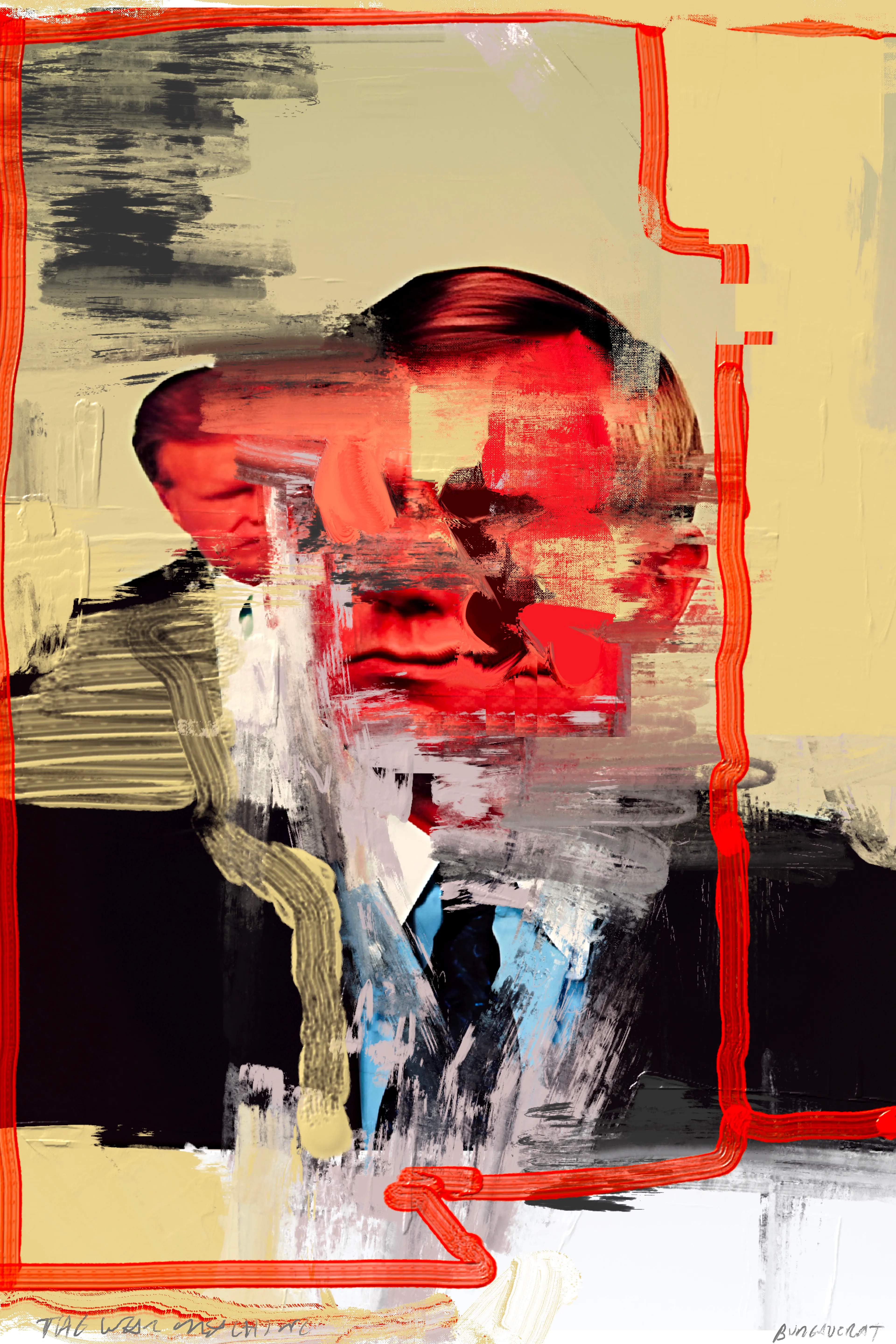Harman’s painting project, The War Machine, is a visceral exploration of political and social unrest, rendered through rough, gestural mark-making intertwined with bold, graphic images of bureaucratic figures and ominous elements. Growing up in the 1980s, Harman was deeply influenced by the stark lines and boldness of brutalist architecture, which he juxtaposes with the ever-present specter of World War III—a theme that has loomed large in his psyche since childhood. This tension between structural boldness and existential dread pervades his work, creating pieces that are both visually arresting and thematically profound.

Harman’s technique is reminiscent of the DIY ethos of zine culture, with its raw, unpolished aesthetic achieved through methods like photocopying and basic, cost-effective reproduction. Despite his classical training, Harman continually returns to the anarchic spirit of electronic and punk music, which infuses his art with a rebellious energy and a sense of urgency. This connection to subcultural movements is evident in the poster-like quality of his work, where expressive painting and dynamic mark-making create a visual cacophony that reflects the chaotic state of global politics.

In these paintings, the fragmented and obscured faces of bureaucrats and nefarious figures evoke the facelessness of political power and the dehumanizing effects of war. The vivid, almost violent strokes of color and form mirror the contemporary tensions between East and West, capturing a world on the brink of conflict. Harman’s work not only serves as a poignant commentary on the current geopolitical climate but also as a reminder of the persistent threats that have shaped our collective consciousness for decades.

The War Machine is a powerful testament to Harman’s ability to blend classical techniques with modern influences, creating a body of work that is both historically informed and strikingly relevant. His paintings are a call to confront the realities of our time, urging viewers to reflect on the fragile balance between order and chaos, peace and war.