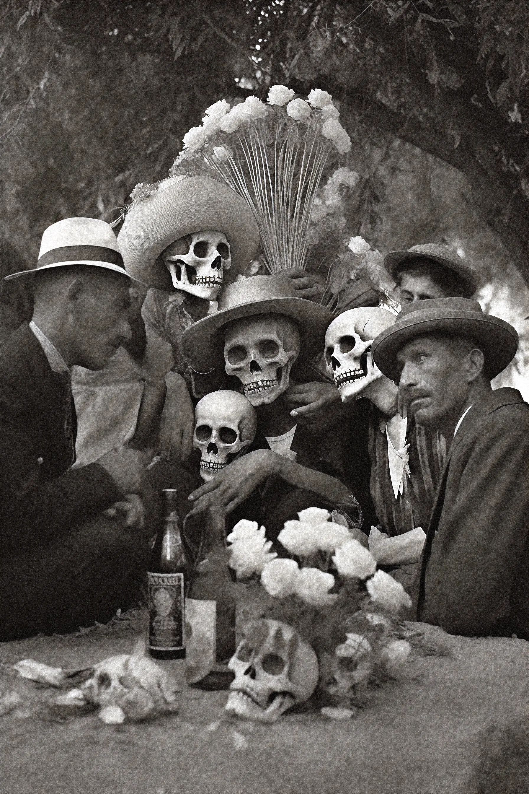 Welcome to "Between Reality and the Imaginary," a collection where the familiar meets the extraordinary through the lens of AI surreal photography/synthography.

As a Mexican-born, now U.S.-based graphic designer, my passion for surrealism and photography has its roots in my childhood. I fondly recall the captivating sights and scenes of my homeland, captured through my ever-present camera.

"El Vicio" tells a story about losing friends and family to a harmful addiction. In this artwork, you see men having conversations with skeletons in a graveyard, surrounded by bottles of liquor. It makes you reflect on the devastating impact of addiction and how it can take loved ones away from us.