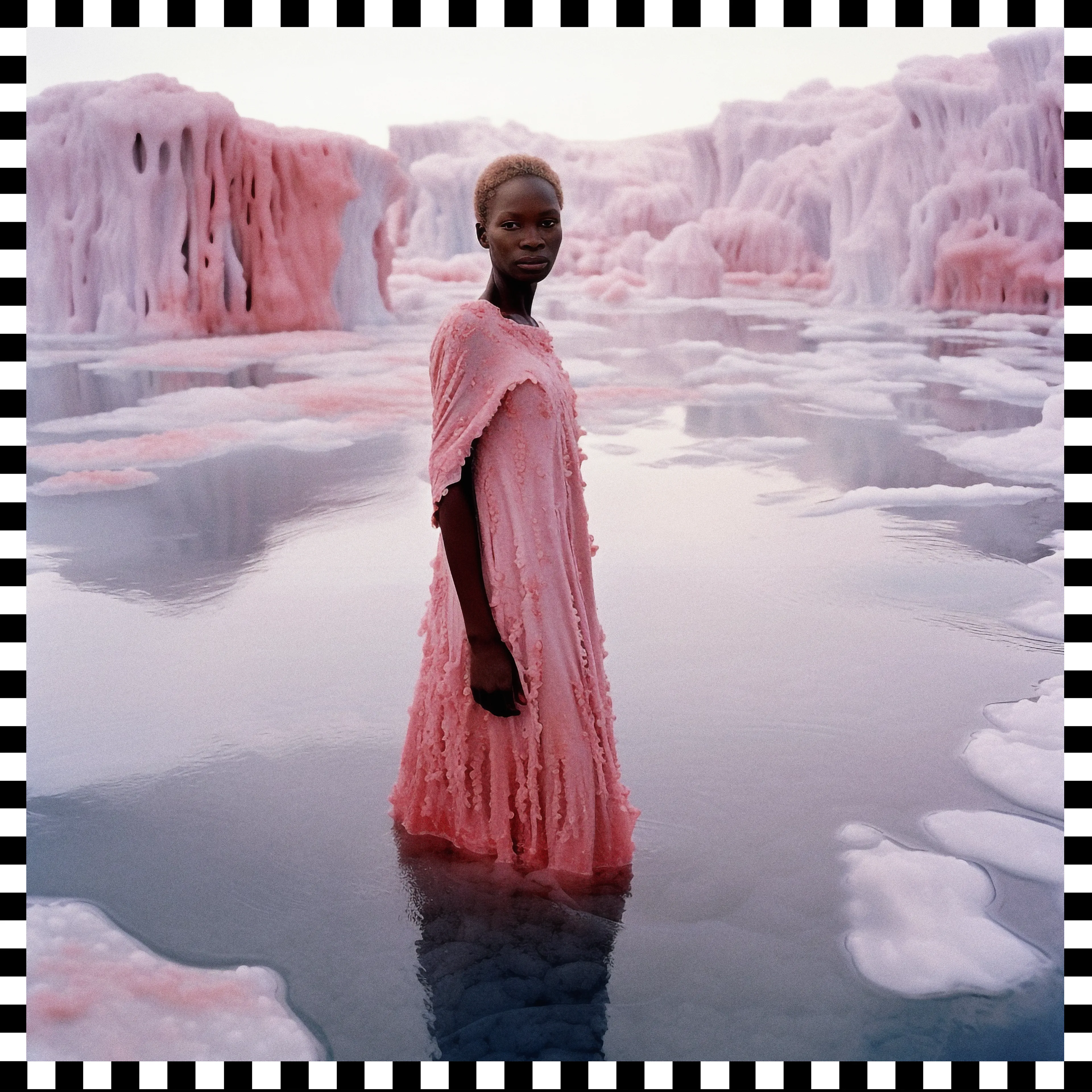 In this compelling visual, a young Woman is standing amidst melting glaciers, their icy surfaces stained a symbolic pink. As her dress appears to drip and dissolve into the water, her resolute gaze defies the looming threat surrounding her. This Artwork, crafted using my personal work & cutting-edge technology, offers a striking depiction of resilience and the vital role women play in combating environmental crises.