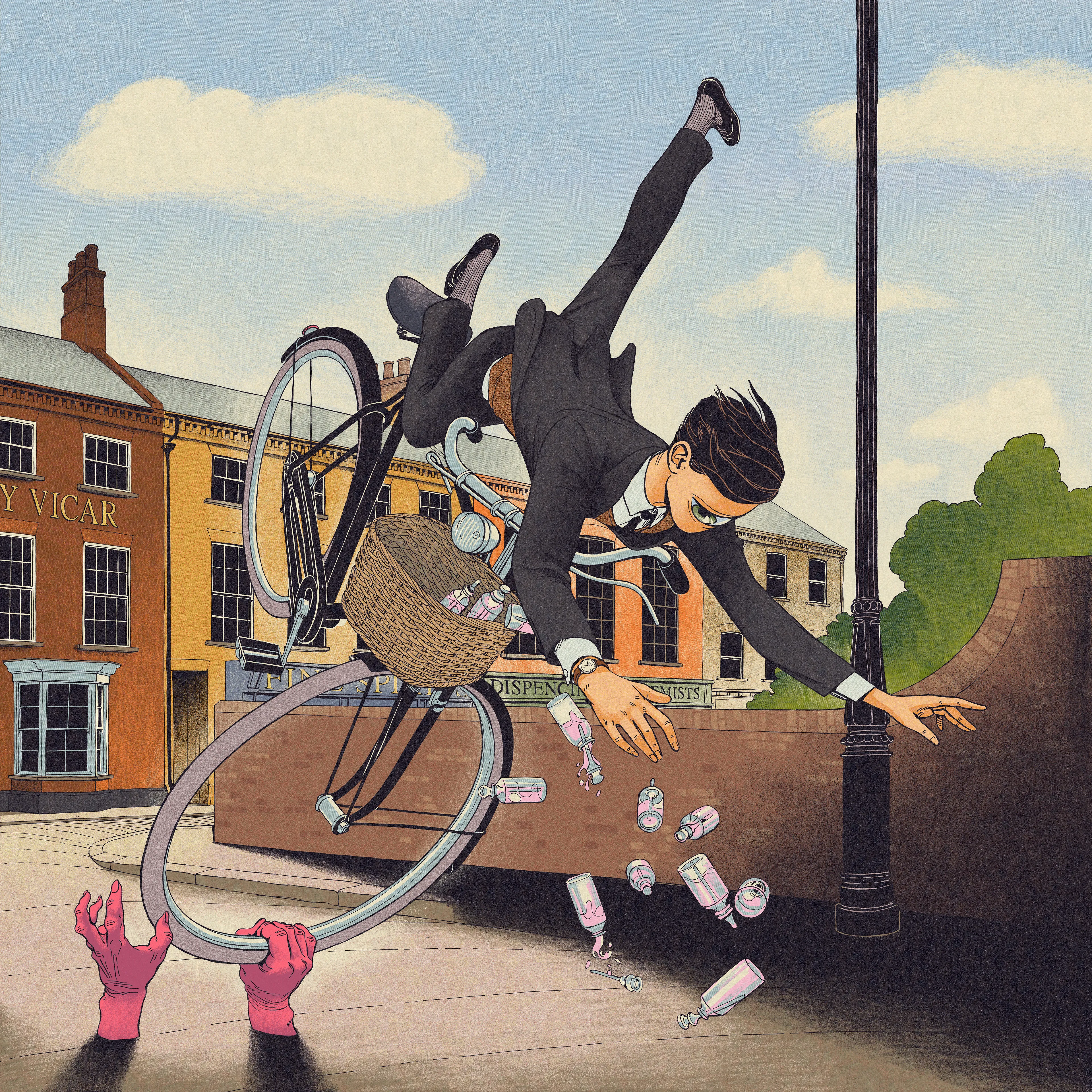 It happened on the way to the Town Market. 
As he was turning round the corner, the Hands grabbed the front wheel of his bicycle and suddenly all the memory vessels were smashed to bits.

╳╳╳
Hand drawn digital artwork. The colours and textures were derived from processed paper ephemera.  Original size: 6000×6000 px, jpeg.