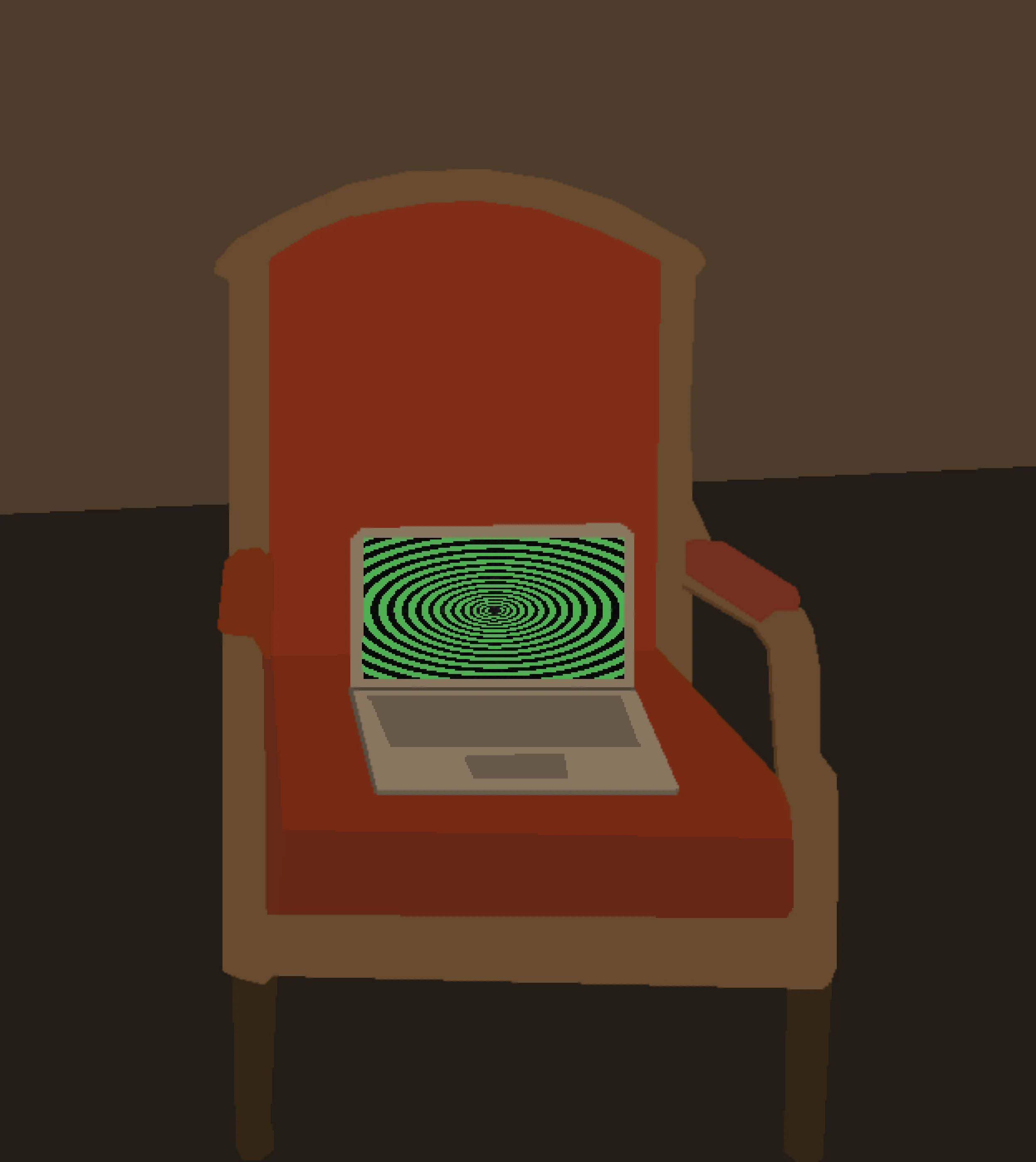 Computer in a Red Chair references Fairfield Porter's portrait of his daughter, Elizabeth. In the original work, Elizabeth stares out at the viewer, challenging them with her gaze. In this work, Elizabeth has been replaced with a screen, and the screen depicts a variation of the work The Spiral, by crypto artist Pho. Like Elizabeth, the image of the spiral challenges the viewer, perhaps suggesting an endless descent into the digital world. At the same time, the work itself acts out this descent, through its multiple references, which sit inside each other like concentric circles.