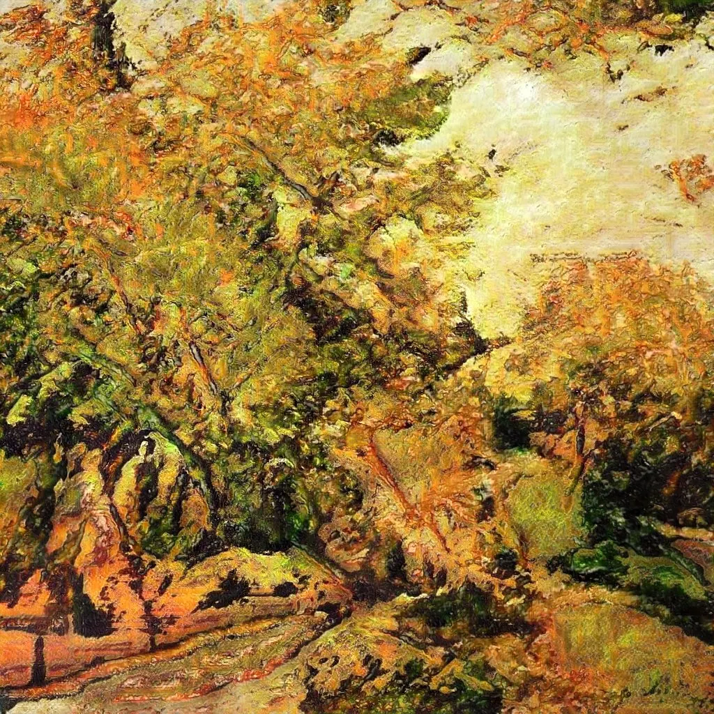 Artwork generated by a GAN trained on thousands of landscape oil paintings.