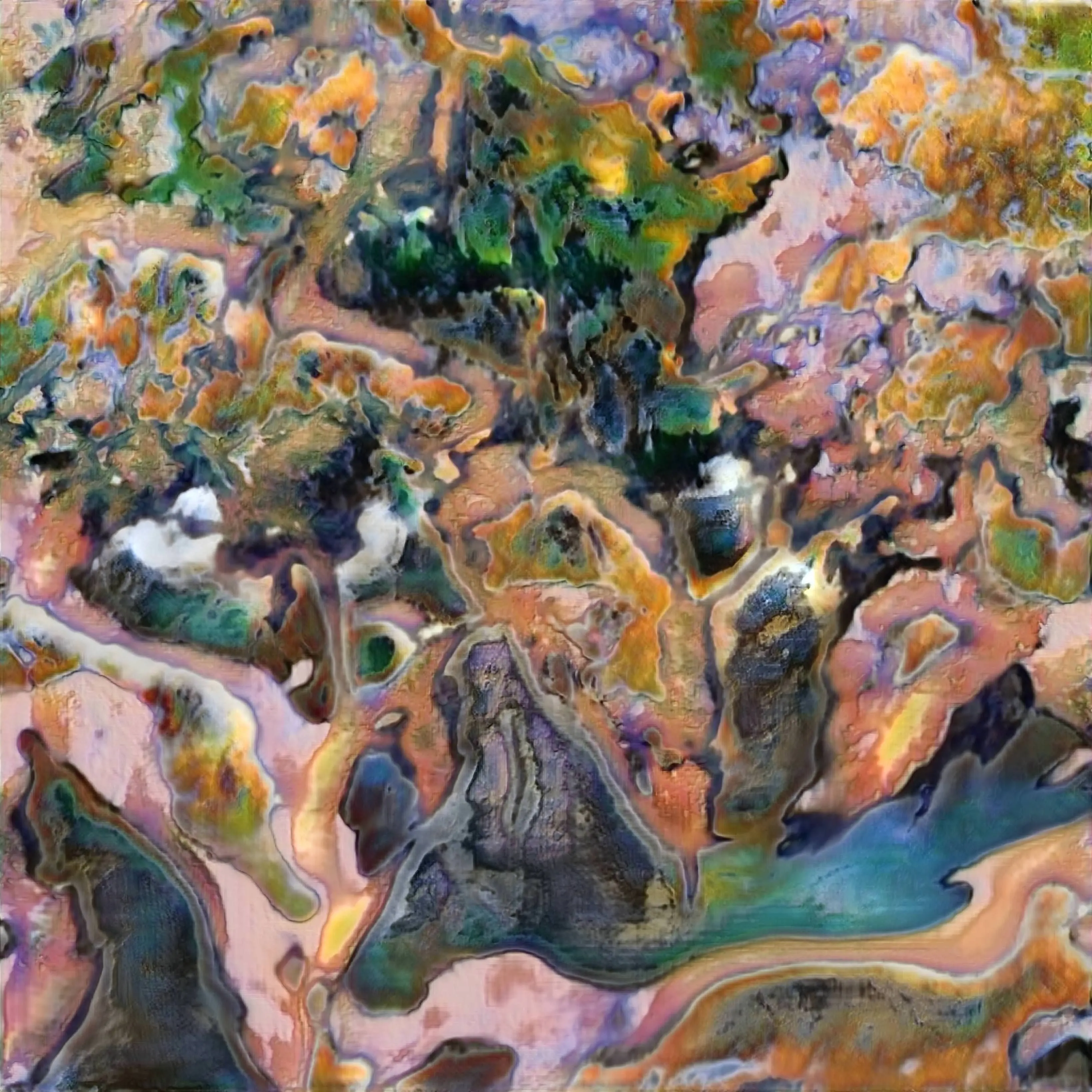 Artwork generated by a GAN trained on thousands of landscape oil paintings.