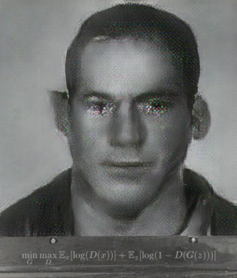 This artwork has been created using Generative Adversarial Networks (GANs), trained on a dataset of mugshots. We know cyber prisons are full, but you’ll have to let this guy in, god knows what he could be up to outside.