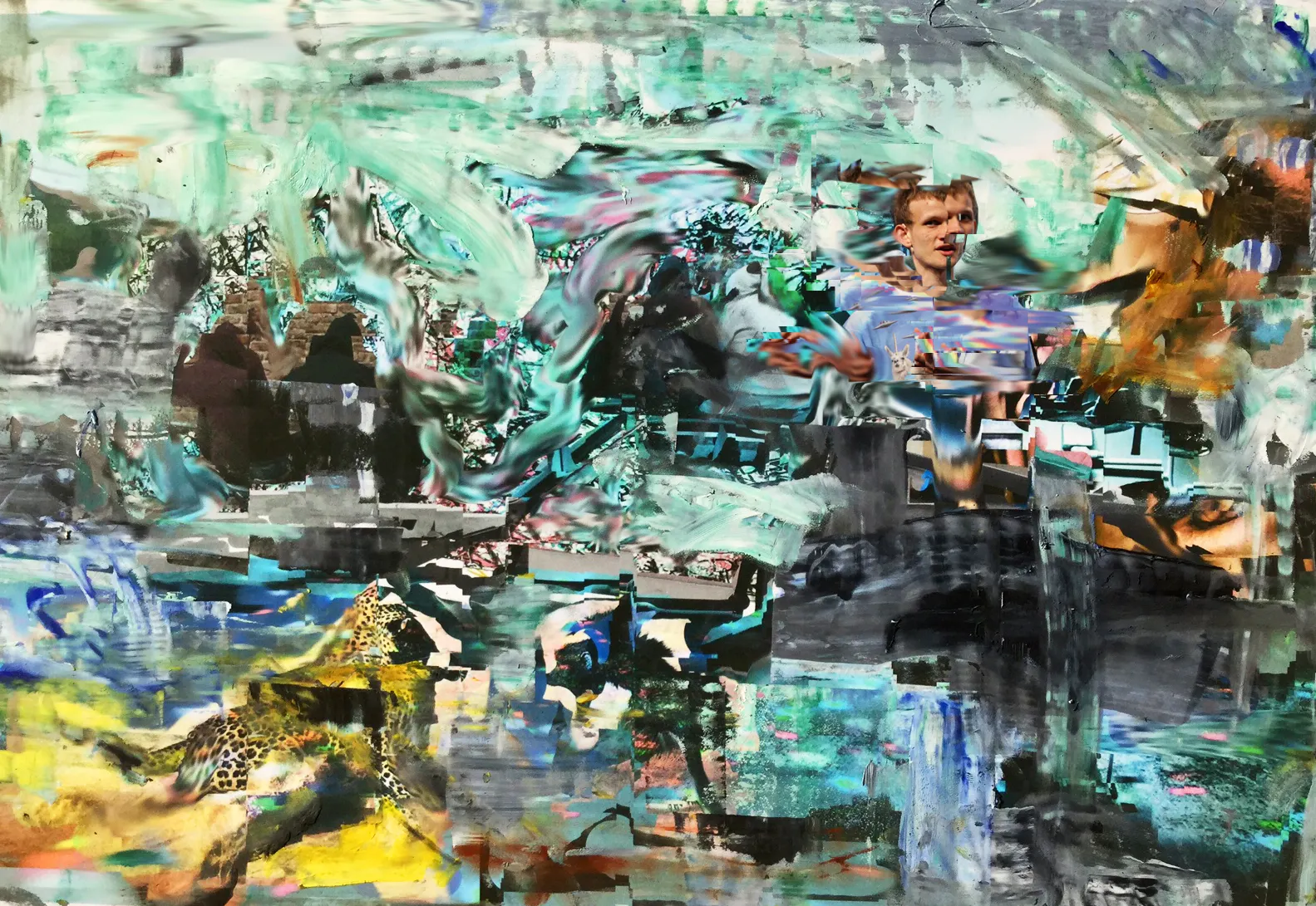 Ethereum Jungle II depicts Vitalik Buterin in a Utopia of botanical glitched colour. In this artwork, Harman merges a digital composition with leftover oil paint; pushing, pulling and drawing the images through the surplus paint to create ridges and allowing the paint to smear and drip. The over-painting of digital images reference Richter whilst the distorted figuration echoes Bacon and Frank Auerbach. Within the corruption of the digital image, there is a breaking up of the information, which leaves the viewer to interpret the space between abstraction and figuration.