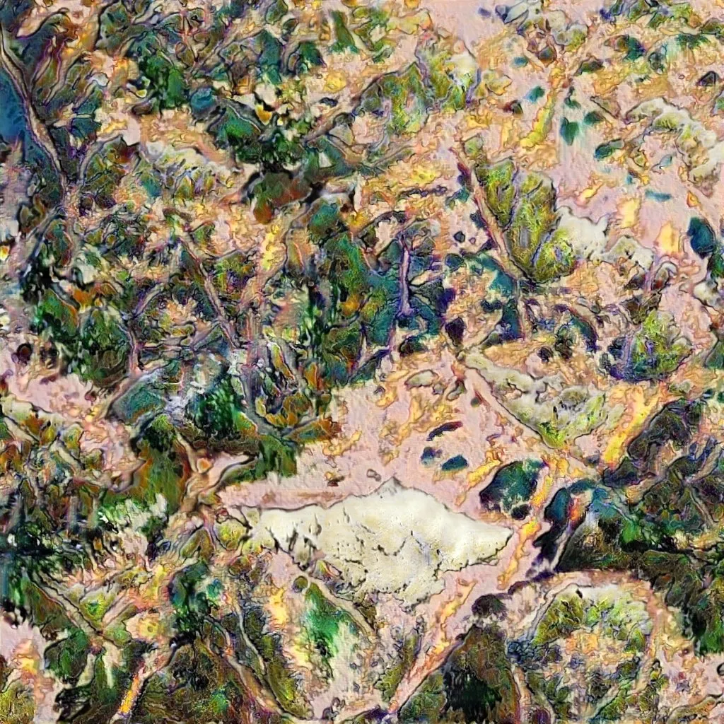 Artwork generated by a GAN trained on thousands of landscape oil paintings.