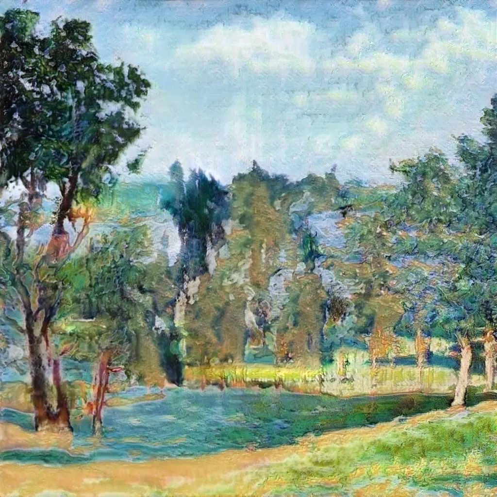Artwork generated by a GAN trained on thousands of landscape oil paintings.