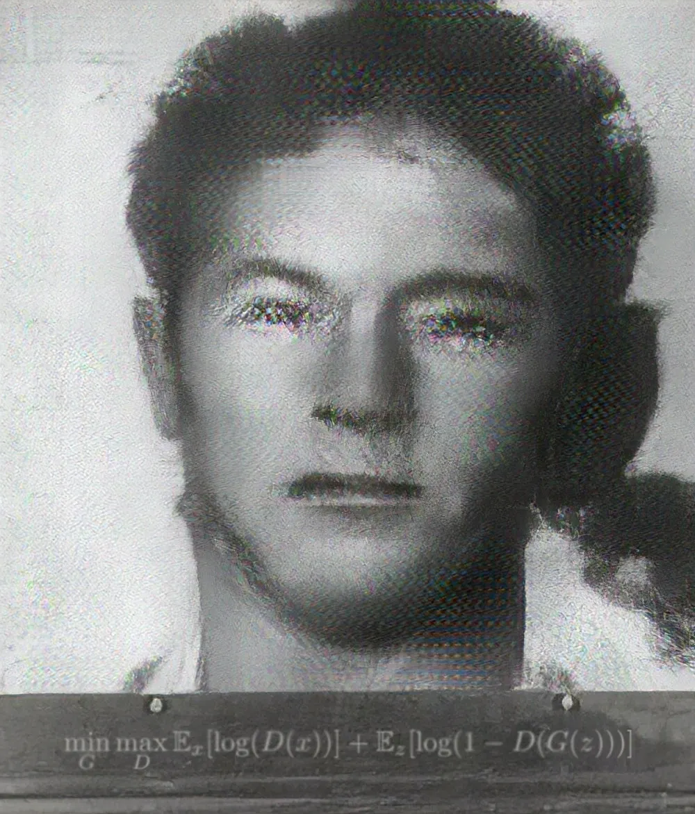 This artwork has been created using Generative Adversarial Networks (GANs), trained on a dataset of mugshots. We know cyber prisons are full, but you’ll have to let this guy in, god knows what he could be up to outside.