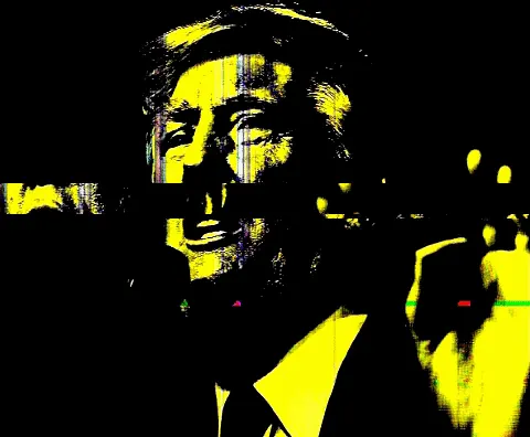 Yellow - the color of one who lies. Glitch - the mouth moves in two directions and the red stain of the hand symbol inflames our hate of the other. Fight Fear by reading the message in this image but you will need a password. If you own this work I will send it to you. Use the secret decoder  http://bit.ly/secretDecoder 