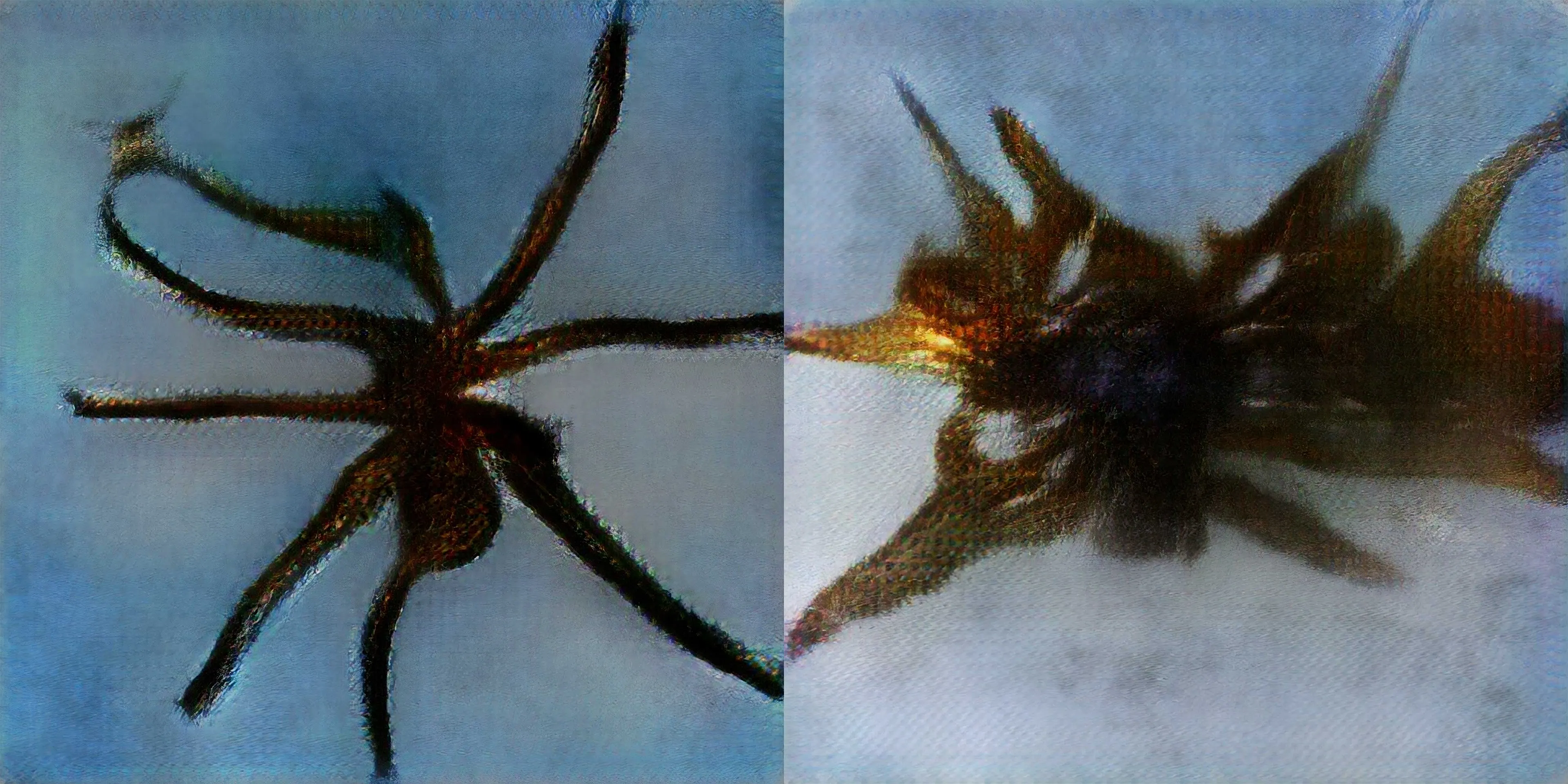 Crap ! Our Artificial Intelligence got out of control, and started crushing defenseless spiders ! All these artworks were created using Generative Adversarial Networks (GANs), using a large amount of spider pictures as input.