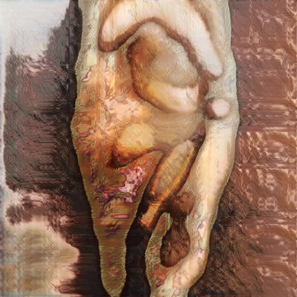 Artwork generated by a GAN trained on thousands of nude portrait oil paintings.