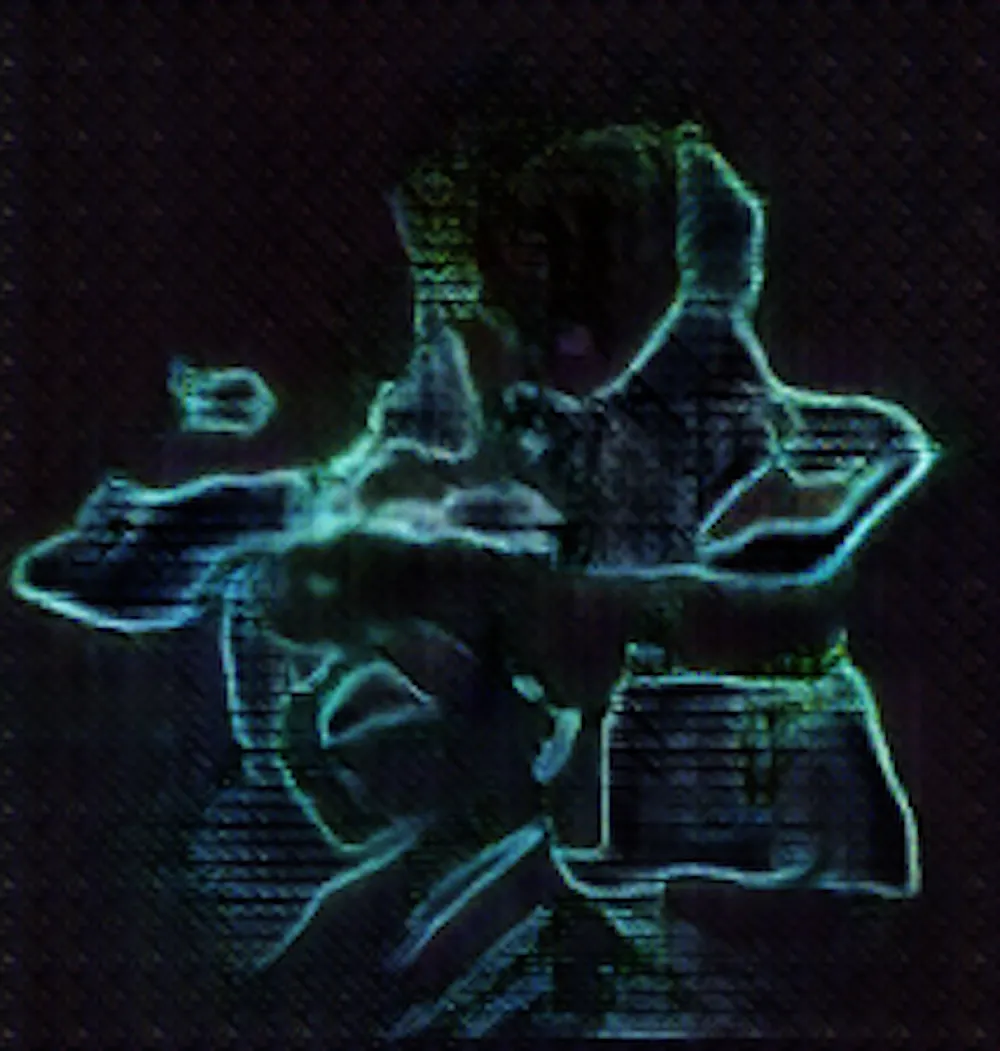 Is it two people dancing or are cells or galaxies forming? Look closely by clicking on the image and you might see a face. Made with Art-DCGAN commonly called artificial intelligence or machine learning art.  I used Robby Barrat's https://github.com/robbiebarrat/art-DCGAN against 20,000 images of my personally created oscilloscope art and used Robby's Portrait GAN model as the starting point. For more fun see: http://bit.ly/aiofart http://bit.ly/sageAnomaly