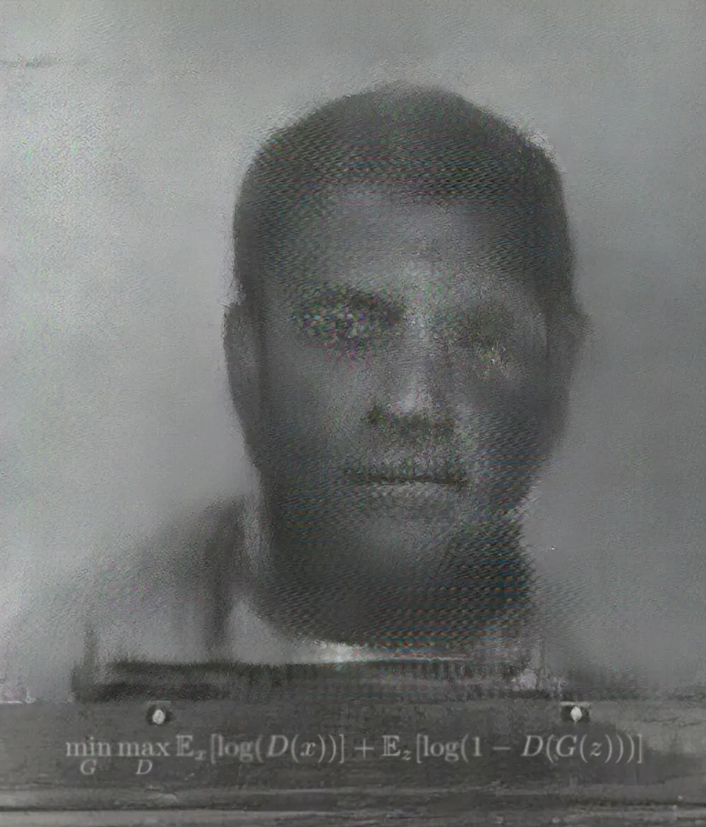 This artwork has been created using Generative Adversarial Networks (GANs), trained on a dataset of mugshots. We know cyber prisons are full, but you’ll have to let this guy in, god know what he could be up to outside.