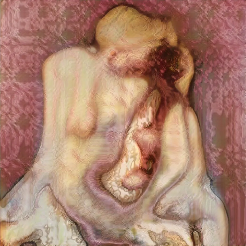 Artwork generated by a GAN trained on thousands of nude portrait oil paintings.
