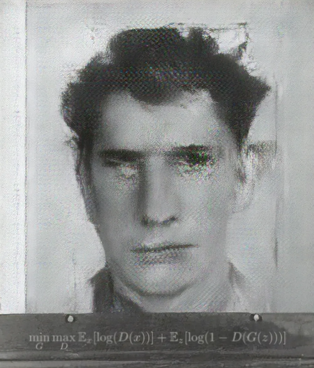 This artwork has been created using Generative Adversarial Networks (GANs), trained on a dataset of mugshots. We know cyber prisons are full, but you’ll have to let this guy in, god knows what he could be up to outside.