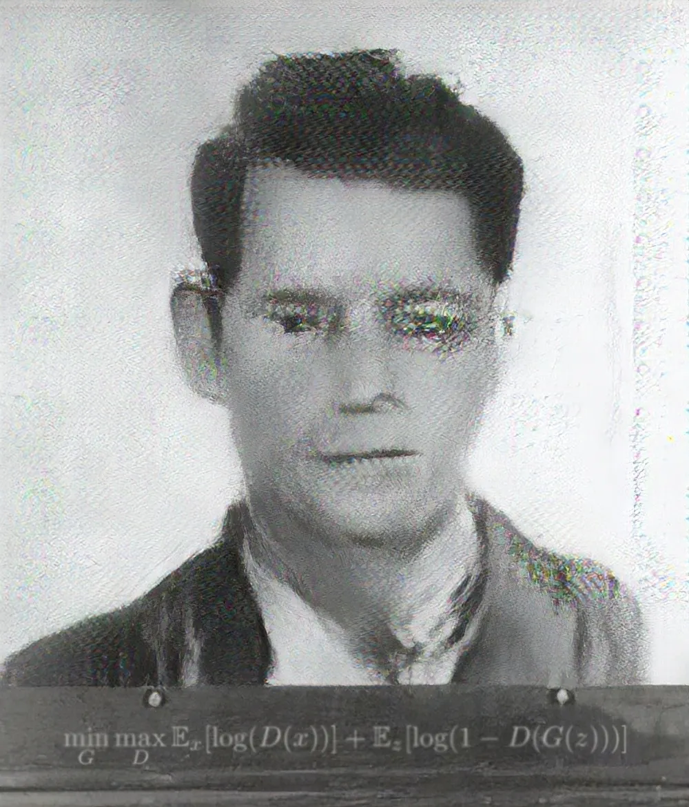 
This artwork has been created using Generative Adversarial Networks (GANs), trained on a dataset of mugshots. We know cyber prisons are full, but you’ll have to let this guy in, god knows what he could be up to outside.