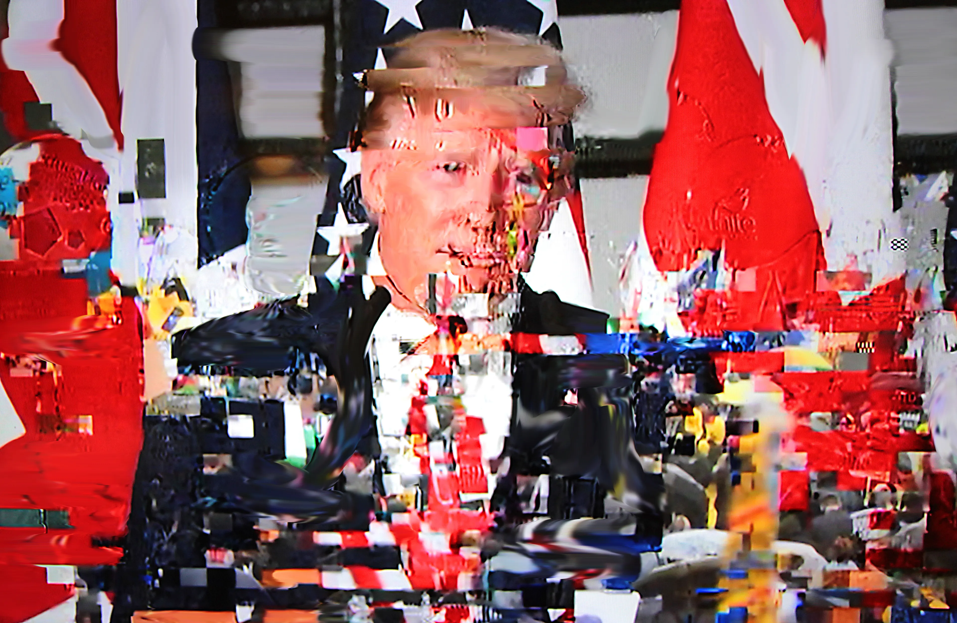 Distorted President captures Donald Trump on a recent visit to the UK. This flitting moment in history captures Trump in a digital broken orbit, caught forever in a timeless glitch of his own self importance.

Harman's Android Plaza is a collection of digital artworks using a specially formulated algorithm. Within the corruption of the digital image, there is a breaking up of the information, which leaves the viewer to interpret the space between abstraction and figuration. He then digitally paints elements of the composition referencing Richter whilst the mangled figuration echoes Francis Bacon and Frank Auerbach.

Harman is recognised as one of the leading UK's leading digital artists.