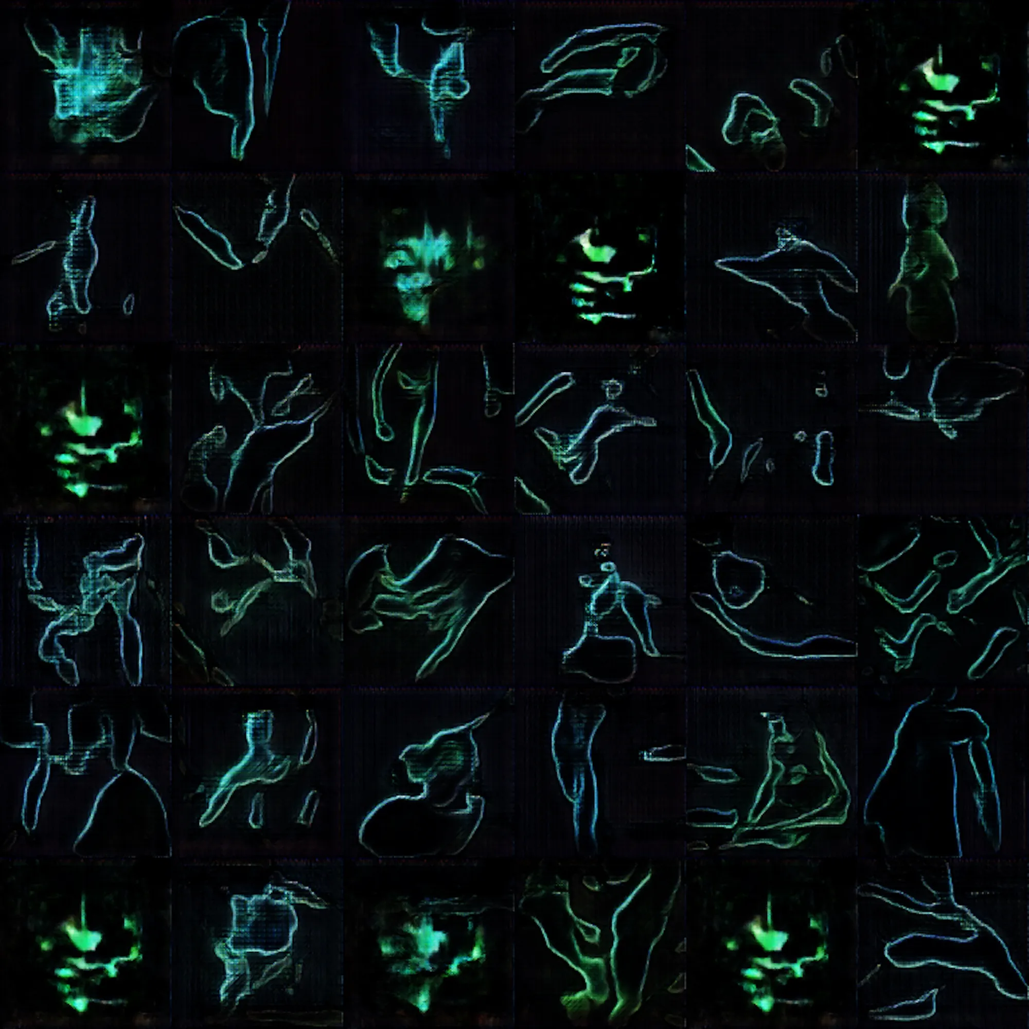 Organic linguistic symbols for a future culture. http://bit.ly/aiofart  Made by combining 20,000 images of my personally created oscilloscope art with Robby Barrat's Nude-Portrait GAN https://github.com/robbiebarrat/art-DCGAN using his art-DCGAN - https://superrare.co/drbeef_