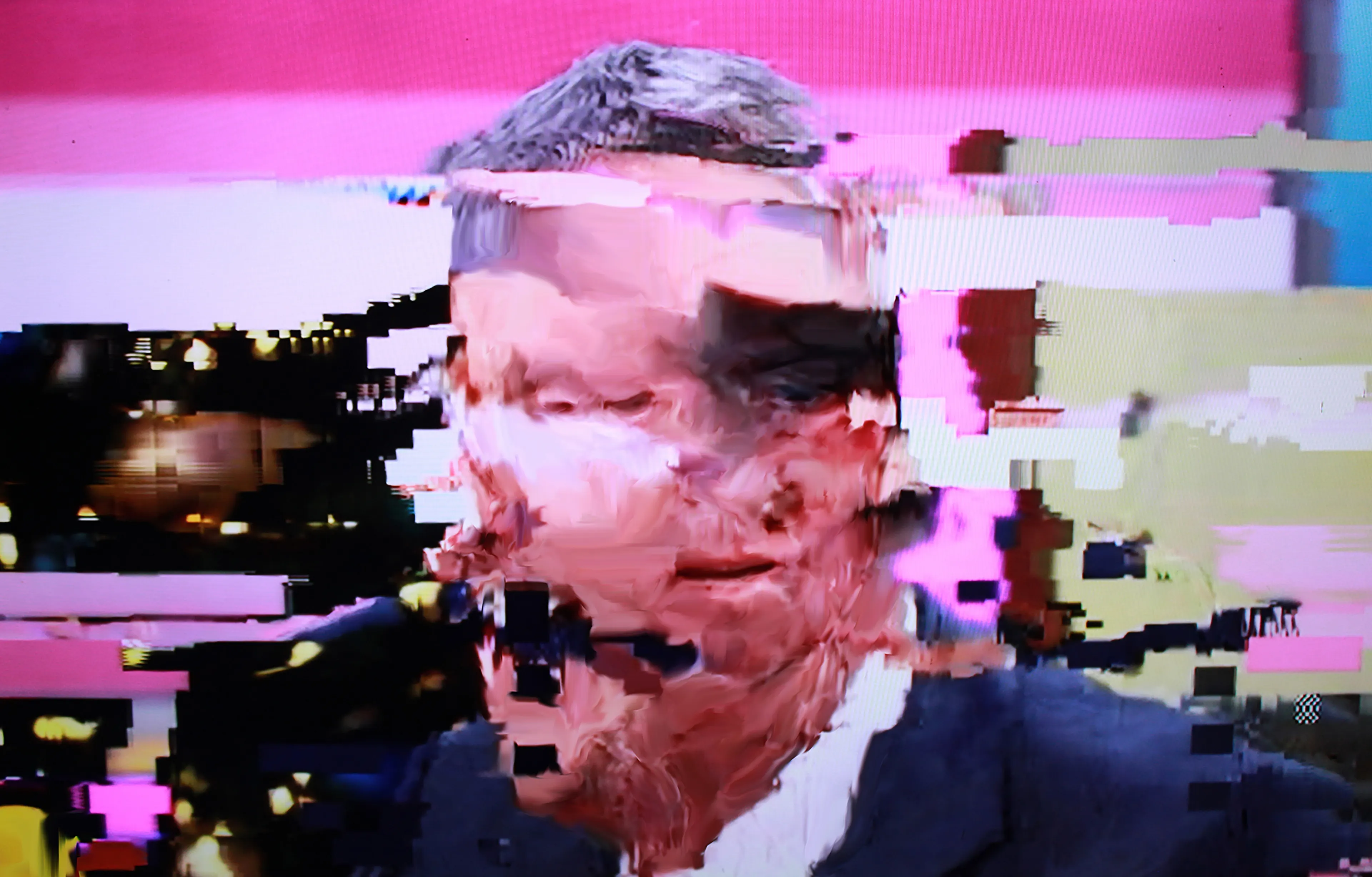 Harman's Android Plaza is a collection of digital artworks using a specially formulated algorithm. Within the corruption of the digital image, there is a breaking up of the information, which leaves the viewer to interpret the space between abstraction and figuration. He then digitally paints elements of the composition referencing Richter whilst the mangled figuration echoes Francis Bacon and Frank Auerbach.