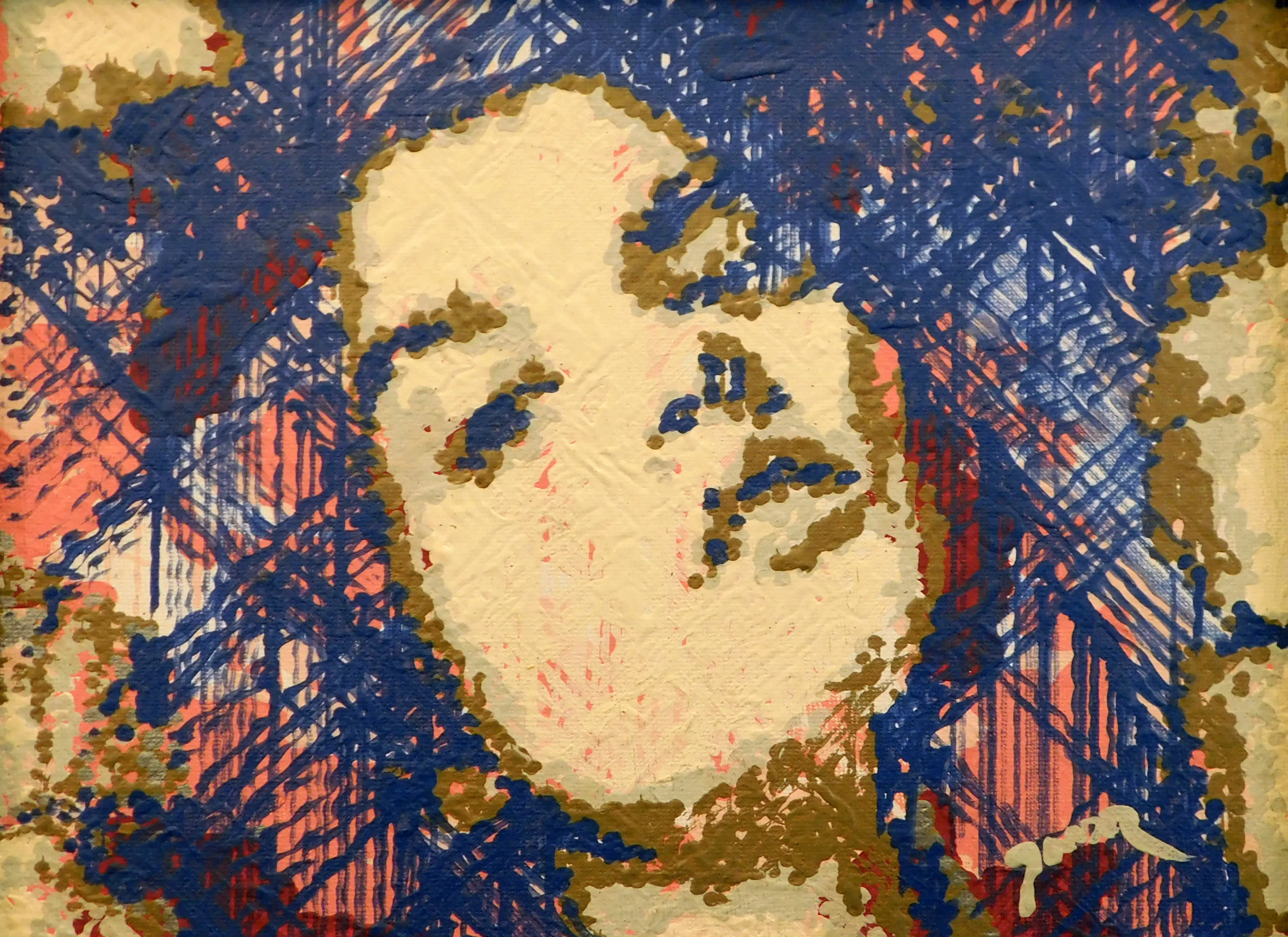 Acrylic on canvas painted by one of Pindar Van Arman's first robots. The portrait began as a digital work before being rendered by the robot with thousands of brushstrokes. This artwork is its return to digital form. - cloudpainter.com