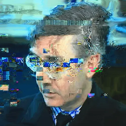 This unique portrait of British Politician Jacob Rees Mogg captures him in a glitched transition within a broken European flag. An advocate for Brexit he champions the upper classes and believes the UK should return to Victorian times.
Android Plaza is a collection of digital artworks using a specially formulated algorithm. Within the corruption of the digital image, there is a breaking up of the information, which leaves the viewer to interpret the space between abstraction and figuration. He then digitally paints elements of the composition referencing Richter whilst the mangled figuration echoes Francis Bacon and Frank Auerbach.