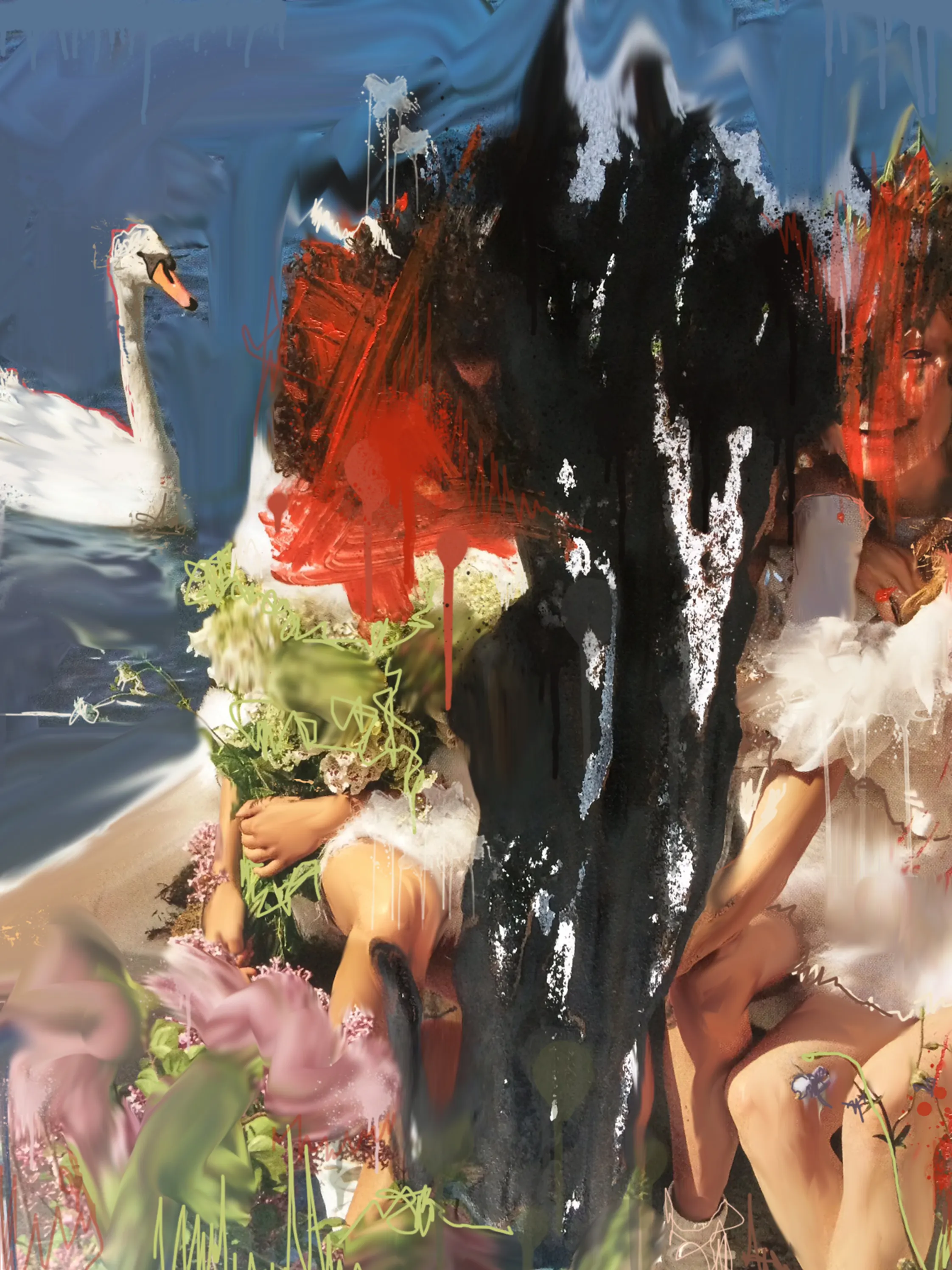 Inked face, laughing eyes, white swan swimming on the rise. Painted portrait, arms of flowers, the Twins are here from ivory towers...