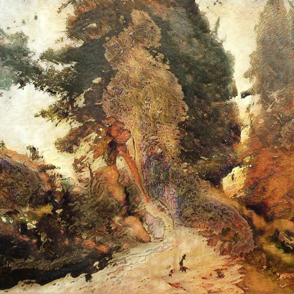 Artwork generated by a GAN trained on thousands of landscape oil paintings.
