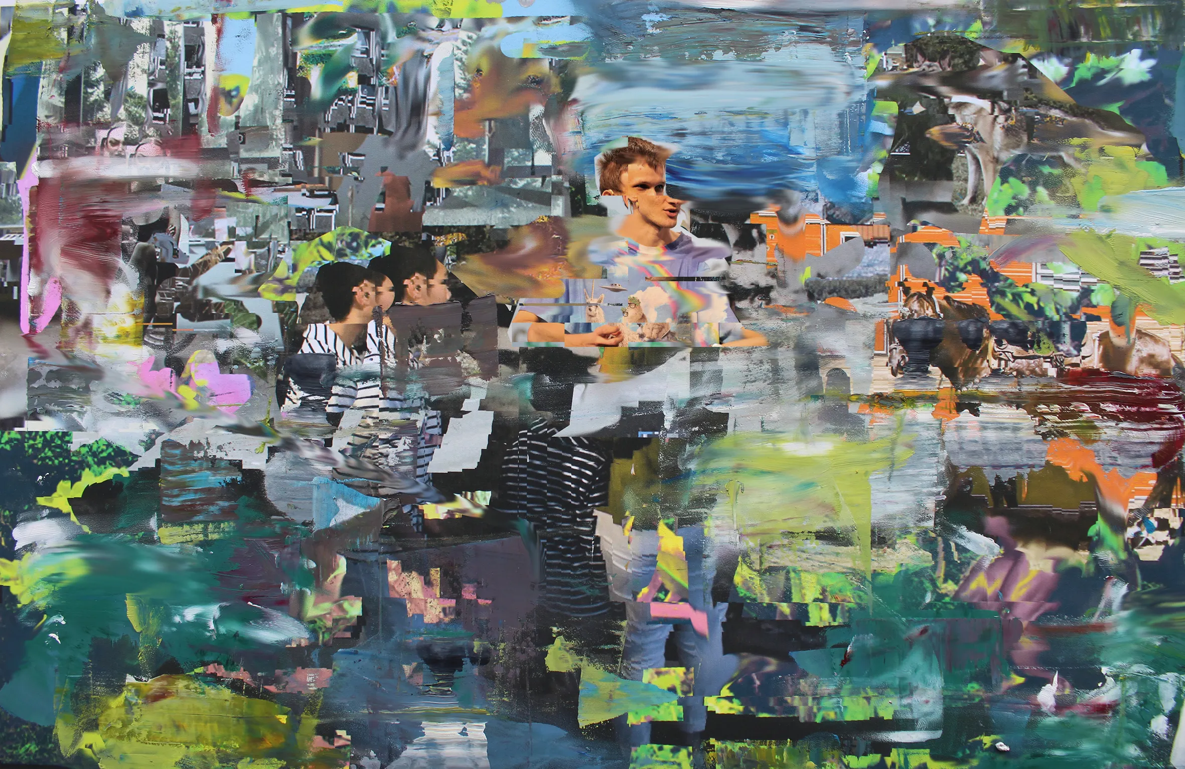 Ethereum Jungle depicts Vitalik Buterin in a Utopia of botanical glitched colour. In this artwork, Harman merges a digital composition with leftover oil paint; pushing, pulling and drawing the images through the surplus paint to create ridges and allowing the paint to smear and drip. The over-painting of digital images reference Richter whilst the distorted figuration echoes Bacon and Frank Auerbach. Within the corruption of the digital image, there is a breaking up of the information, which leaves the viewer to interpret the space between abstraction and figuration.