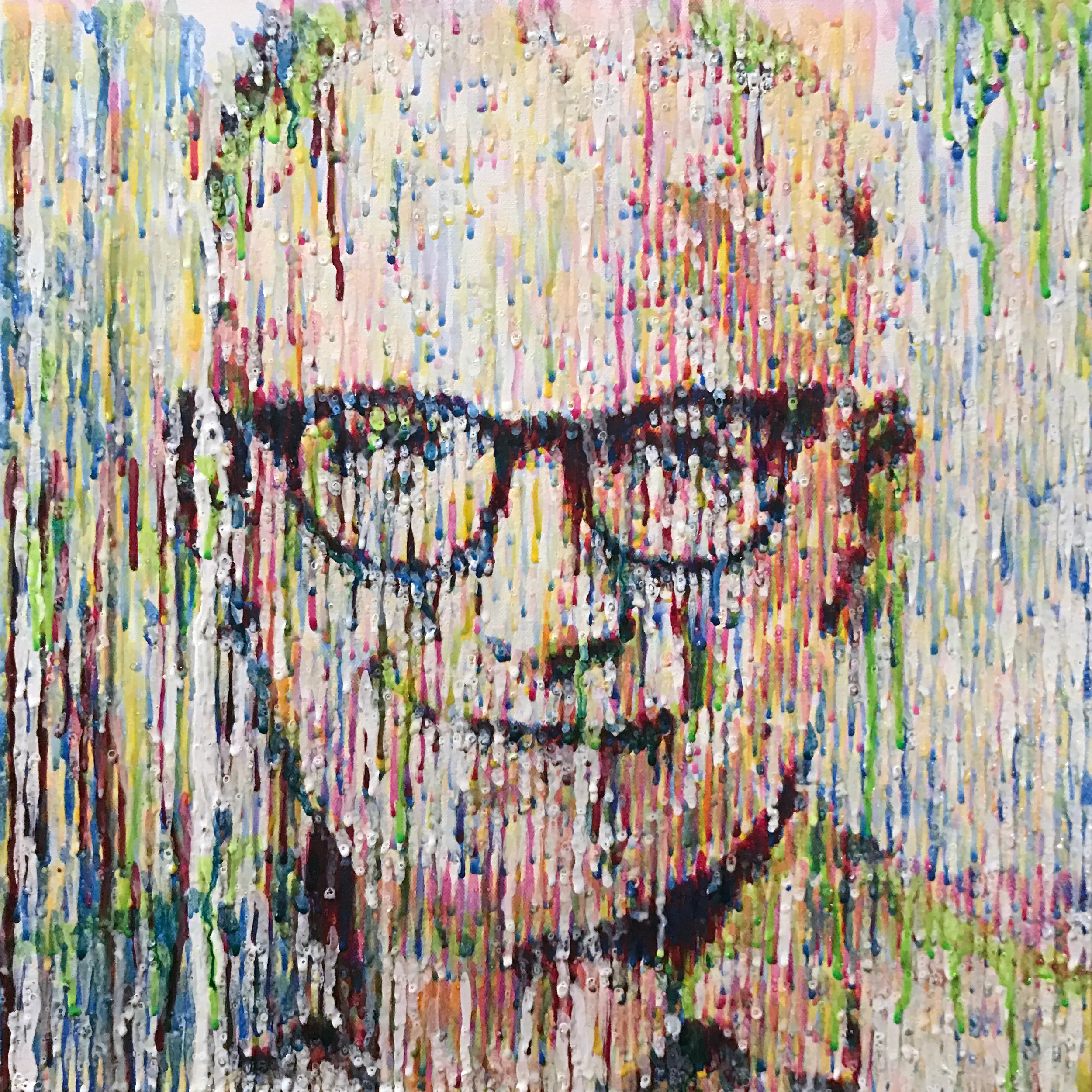 Robot painted portrait created over the course of one week using five dyes, a transparent medium, and thousands upon thousands of feedback loops.