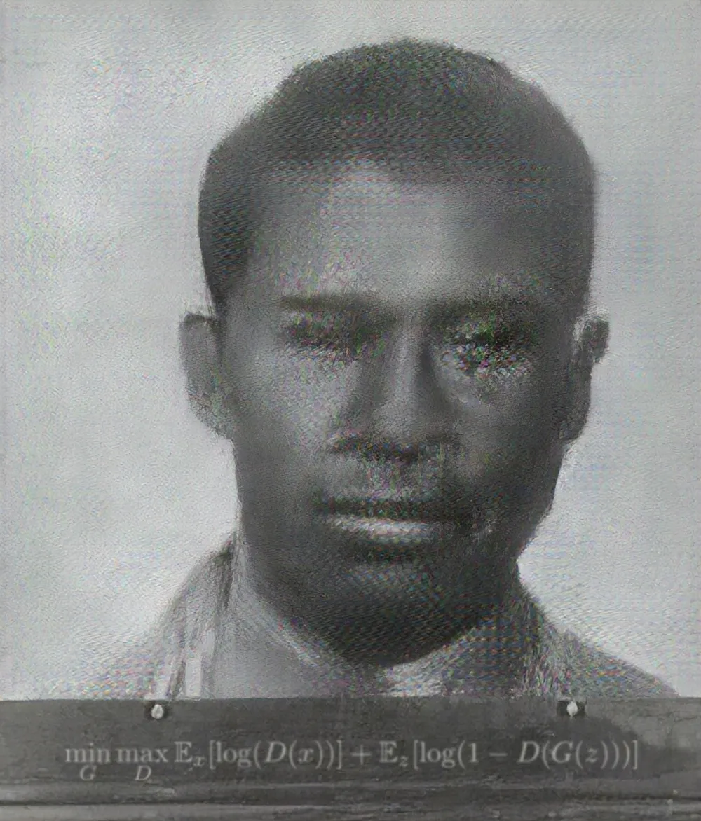 This artwork has been created using Generative Adversarial Networks (GANs), trained on a dataset of mugshots. We know cyber prisons are full, but you’ll have to let this guy in, god knows what he could be up to outside.
