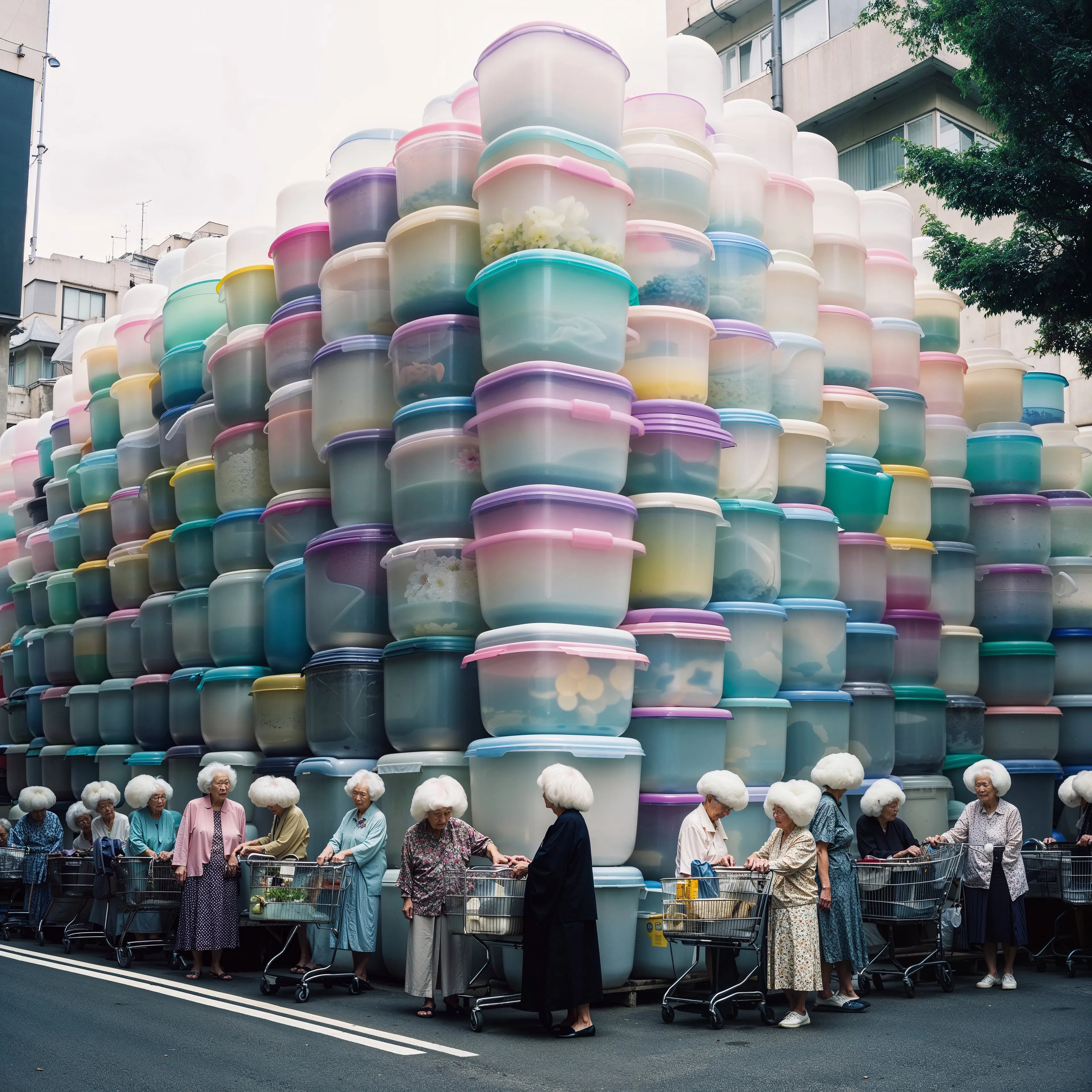 The Auntie City' depicts everyday life in the Auntieverse, a world both run and built by aunties. This world blends the ordinary with the extraordinary, filled with things aunties enjoy. The scenes include living quarters fashioned from stacks of Tupperware, sushi, and vegetables, alongside a vibrant depiction of city life viewed through building cross-sections. Here, both solitary aunties and groups interact with various creatures and city elements, walking around, socialising, and observing the hustle and bustle.
The concept of 'The Auntie City' draws inspiration from the 'walking city' idea by the 1960s British avant-garde architecture group Archigram. This concept envisaged a city capable of moving across land and water to utilise different resources and adapt to changing needs. In Auntieverse, this idea is manifested through buildings equipped with legs, making them mobile and adaptable.
Aunties in this world creatively envision cascading pools in mid-air, playgrounds, and connecting bridges in the midst of high-rise apartment blocks. The use of Tupperware in this segment symbolises both the pervasive nature of plastics in our lives and the fear of ageing and societal isolation.