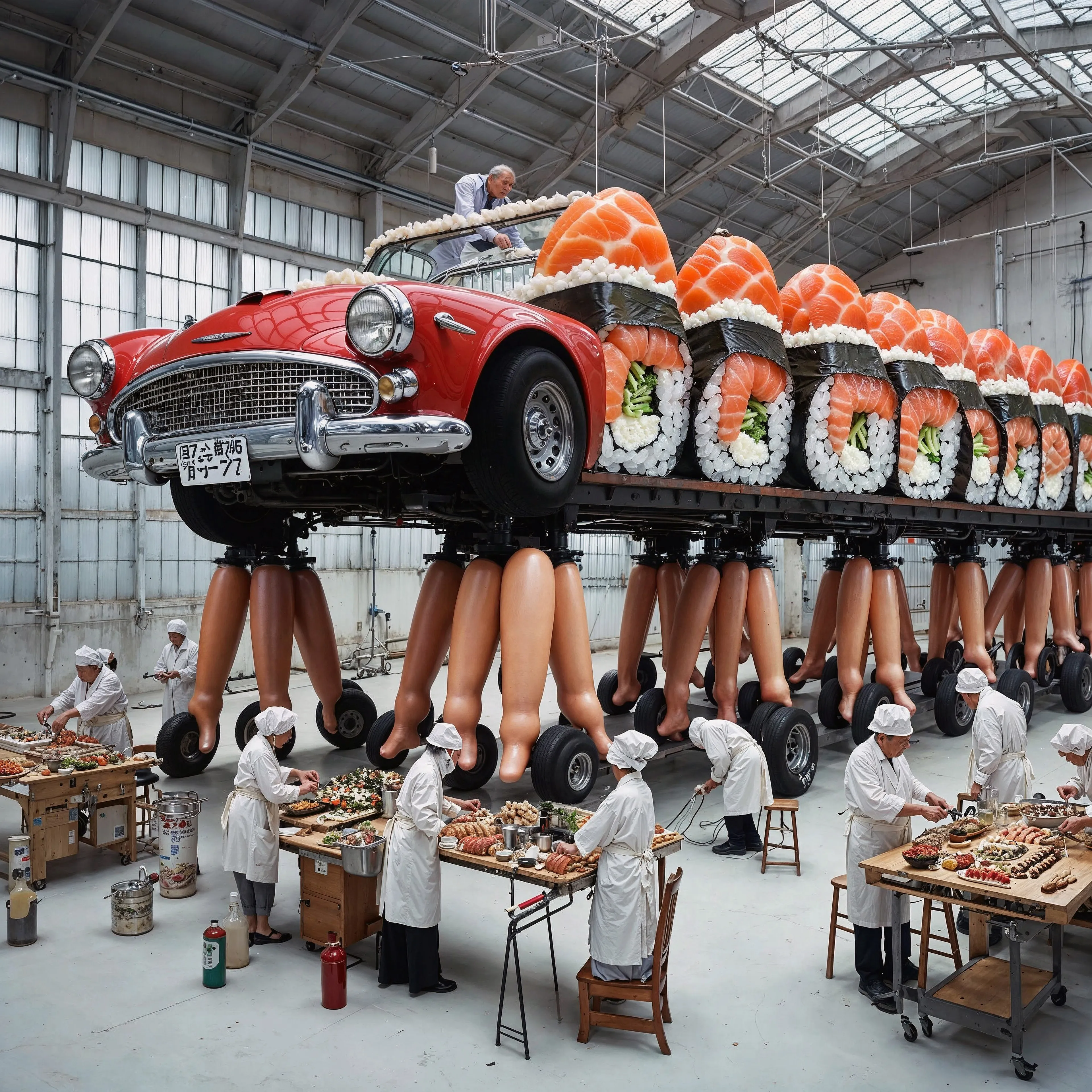 The Tofu Engineered Sushi Luxury Autos, known as TESLA, is a concept in Auntieverse where vehicles are constructed entirely from biodegradable and edible materials. In this chapter, we find images of a manufacturing plant where groups of aunties assemble vehicles using tofu, sushi ingredients, and legs to create modes of transportation. On the highways of Auntieverse, we see a variety of vehicles resembling coaches, construction cranes, tractors, and smaller automobiles, all driven by cheerful aunties and accompanied by whimsical creatures. The chapter also includes scenes of car washes and a scrapyard, providing a comprehensive view of this unique world. It is worth noting that in the Hokkien dialect, the word for "car" sounds similar to "leg," leading to a common pun among Singaporeans who humorously claim to own "cars," signifying their reliance on their own legs for transportation.