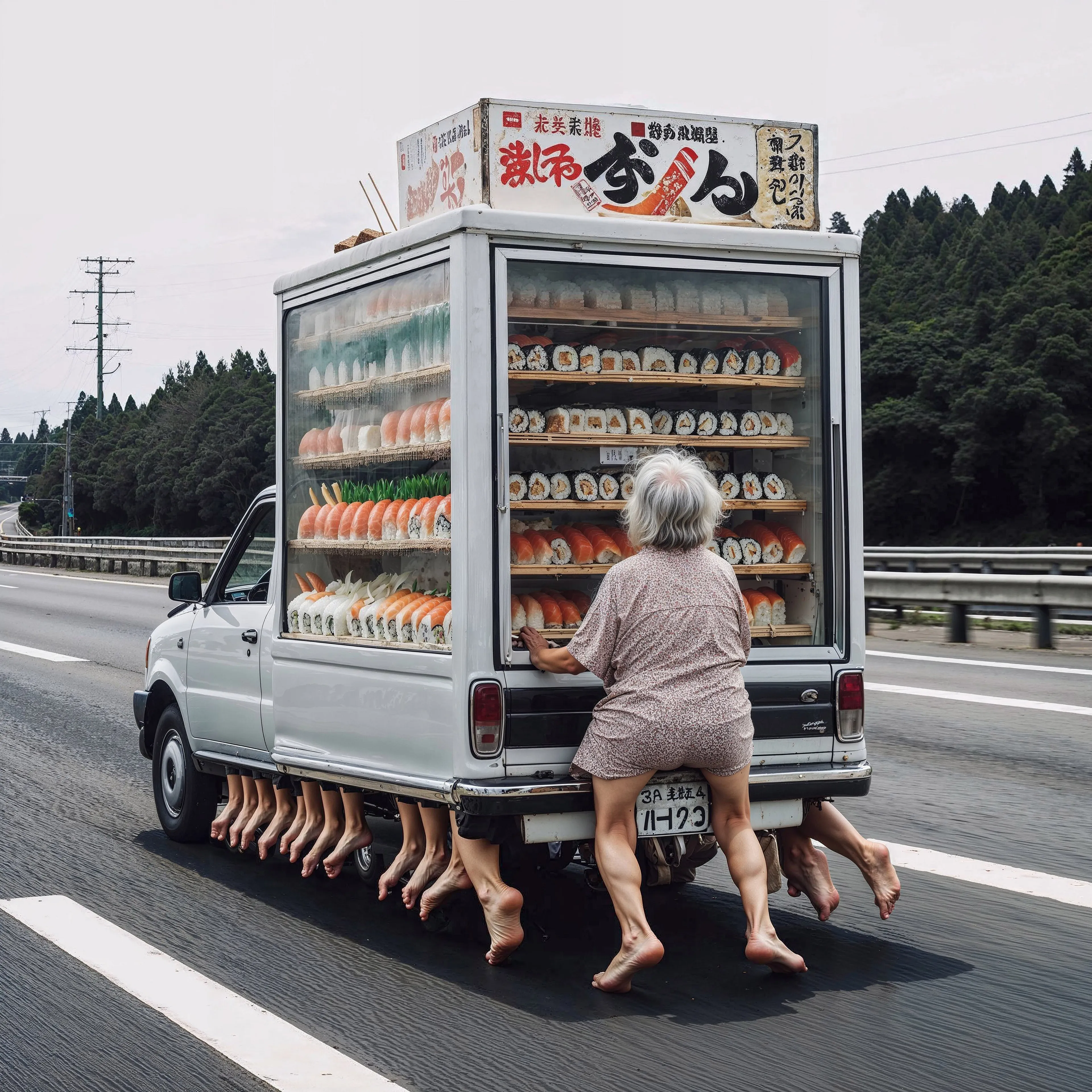 The Tofu Engineered Sushi Luxury Autos, known as TESLA, is a concept in Auntieverse where vehicles are constructed entirely from biodegradable and edible materials. In this chapter, we find images of a manufacturing plant where groups of aunties assemble vehicles using tofu, sushi ingredients, and legs to create modes of transportation. On the highways of Auntieverse, we see a variety of vehicles resembling coaches, construction cranes, tractors, and smaller automobiles, all driven by cheerful aunties and accompanied by whimsical creatures. The chapter also includes scenes of car washes and a scrapyard, providing a comprehensive view of this unique world. It is worth noting that in the Hokkien dialect, the word for "car" sounds similar to "leg," leading to a common pun among Singaporeans who humorously claim to own "cars," signifying their reliance on their own legs for transportation.