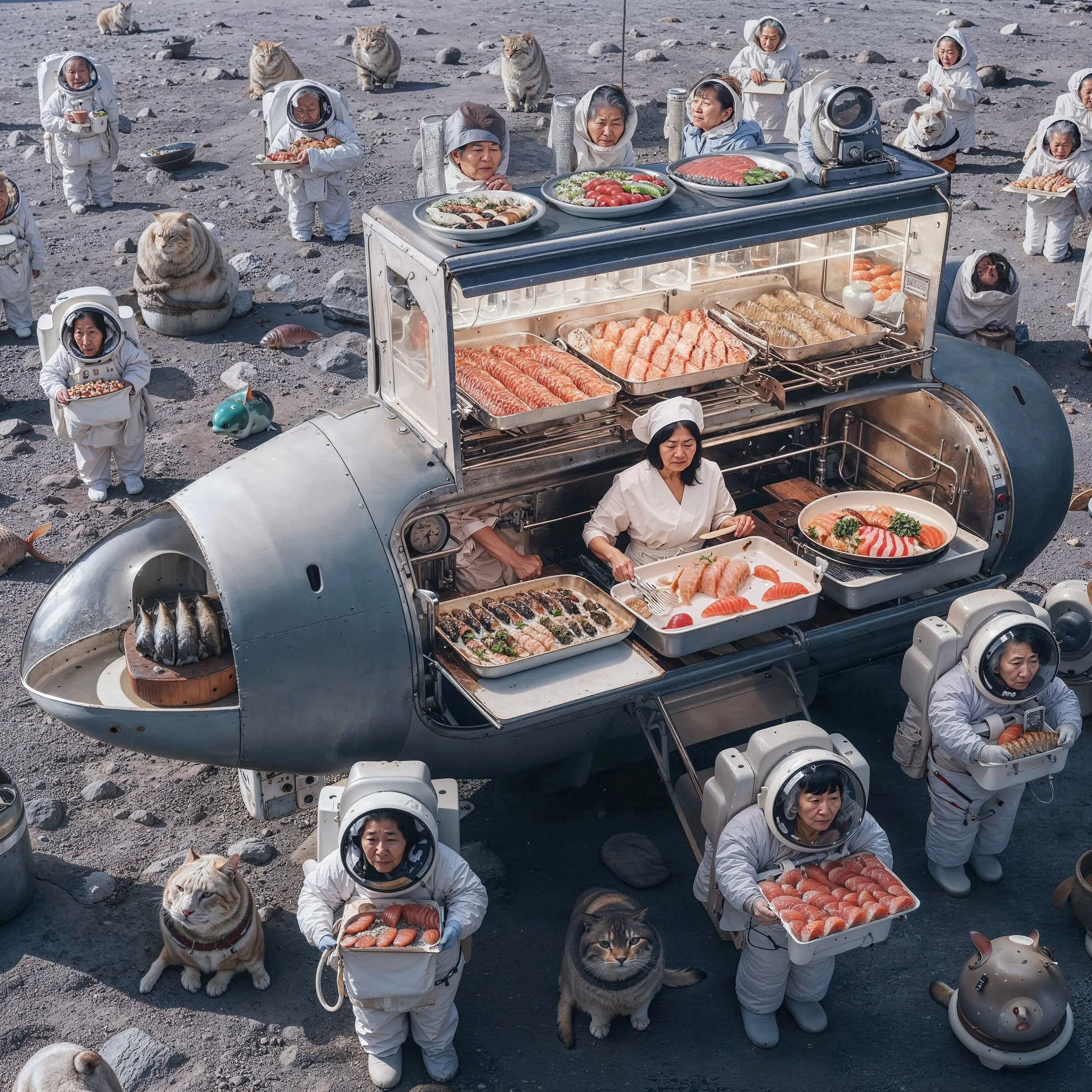 Nice Aunties Sushi Academy, abbreviated as NASA, is a unique cooking school located on the moon within the Auntieverse. This chapter embodies my personal desire for aunties to share their vast knowledge and exceptional cooking skills with the world. It envisions an educational institution dedicated to passing on the culinary expertise of aunties.
Within this chapter, you'll find scenes that explore the harvesting of fish and ingredients from the moon's cores, which is both absurd and a reflection of humanity's aspirations for interplanetary resource exploration. The imagery includes depictions of large cold storage facilities for ingredients, aunties demonstrating food preparation techniques, food processing facilities, and classrooms where culinary knowledge is imparted.
