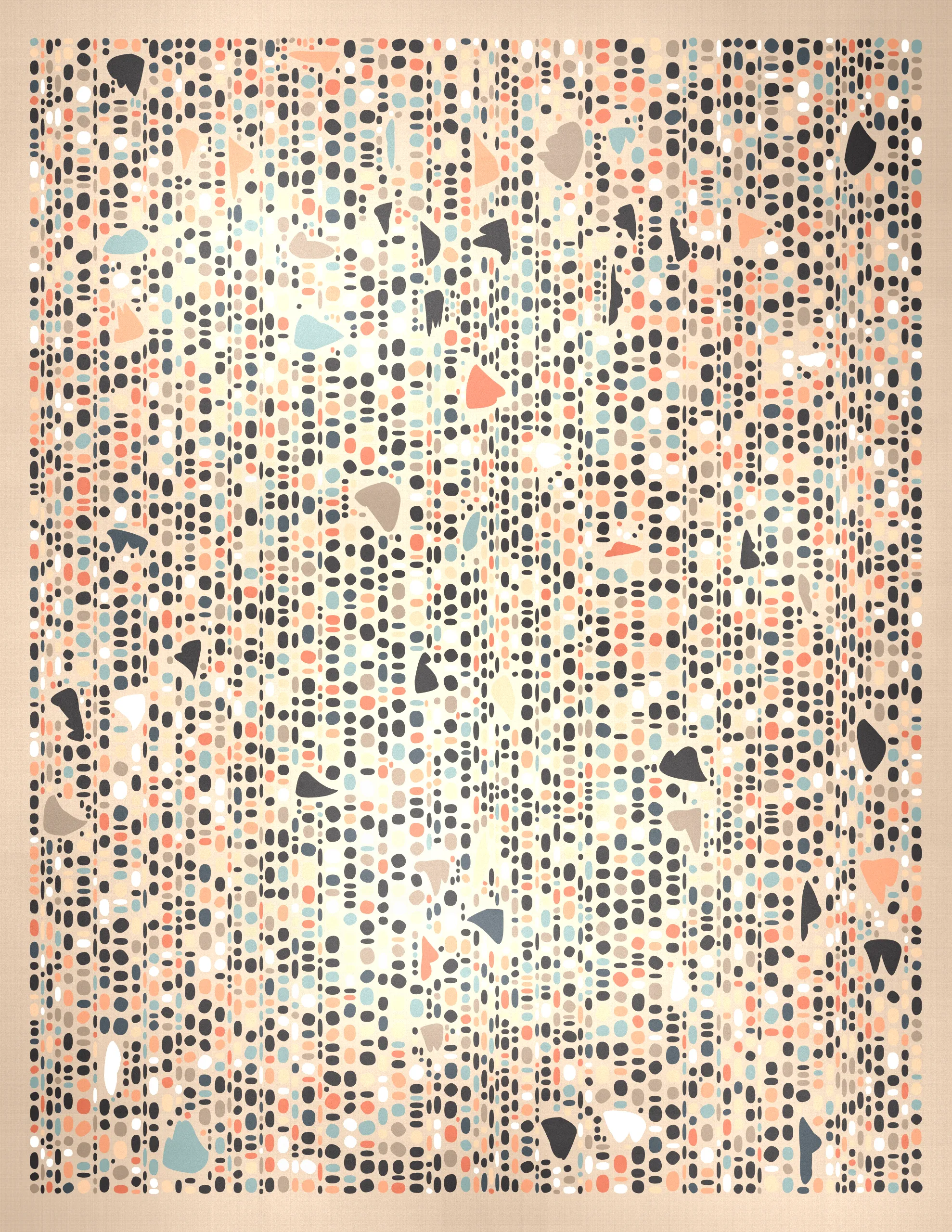 Pebbles is a generative art collection that captures the organic diversity of stones as seen through a modernist lens. Against a backdrop that suggests the texture of woven fabric, each piece in the collection presents a playful scatter of rounded shapes and colors. The collection's signature lies in its structured randomness, with certain artworks featuring a deliberate grid of circles that contrast with the free-form distribution of ellipses above. This juxtaposition of order and chaos mirrors the natural world's balance, evoking the varied forms pebbles take when tumbled by water and time. Pebbles is a homage to the beauty of natural simplicity found in the most basic elements of our environment, reimagined through a digital medium.