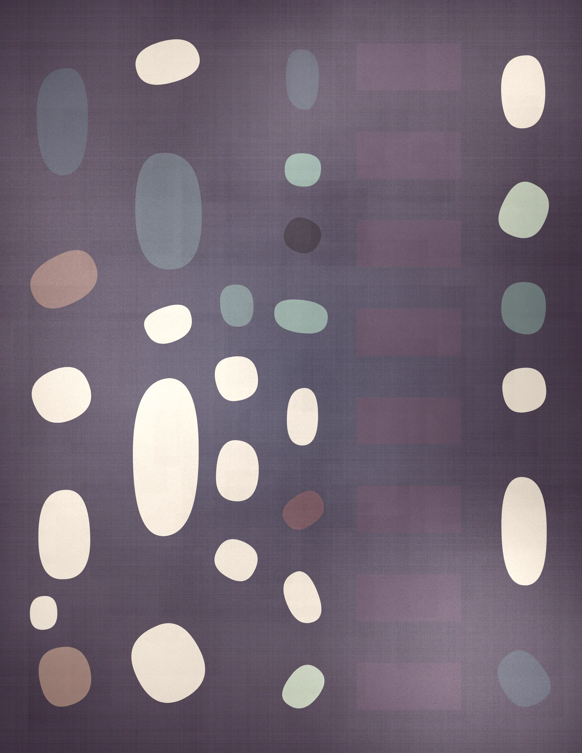 Pebbles is a generative art collection that captures the organic diversity of stones as seen through a modernist lens. Against a backdrop that suggests the texture of woven fabric, each piece in the collection presents a playful scatter of rounded shapes and colors. The collection's signature lies in its structured randomness, with certain artworks featuring a deliberate grid of circles that contrast with the free-form distribution of ellipses above. This juxtaposition of order and chaos mirrors the natural world's balance, evoking the varied forms pebbles take when tumbled by water and time. Pebbles is a homage to the beauty of natural simplicity found in the most basic elements of our environment, reimagined through a digital medium.