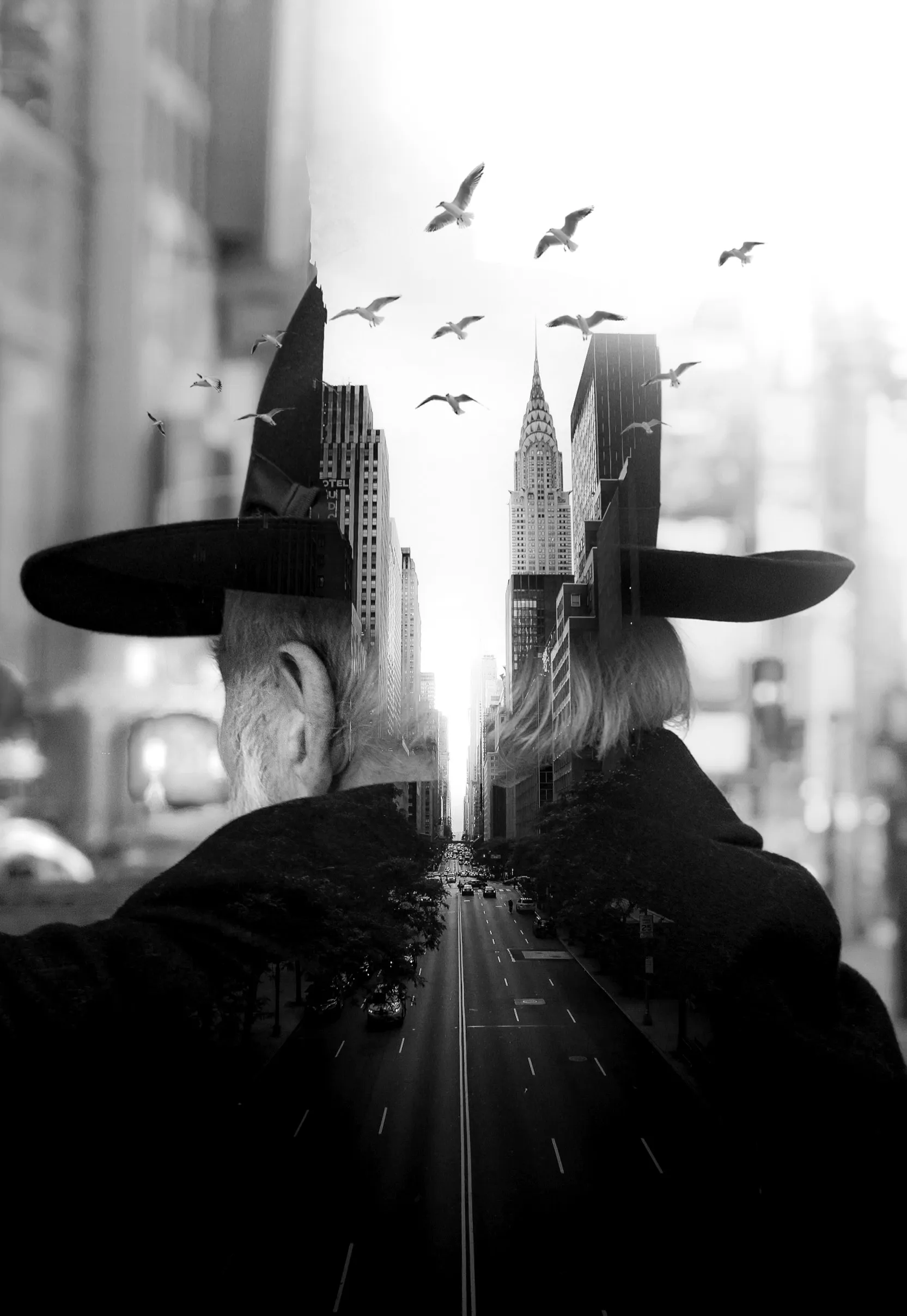 The primary subject of this piece caught my eye in Times Square because he was dressed in all black and wearing a top hat, which is my favorite base for creating double exposures. The secondary image is a famous view of 42nd Street from Tudor City because the buildings line up perfectly and the street seems endless. Combining the two images conveys the sense that his mind is open and his path continues forward, and the addition of the birds was a personal choice because I feel it symbolizes my own ideas flying freely.